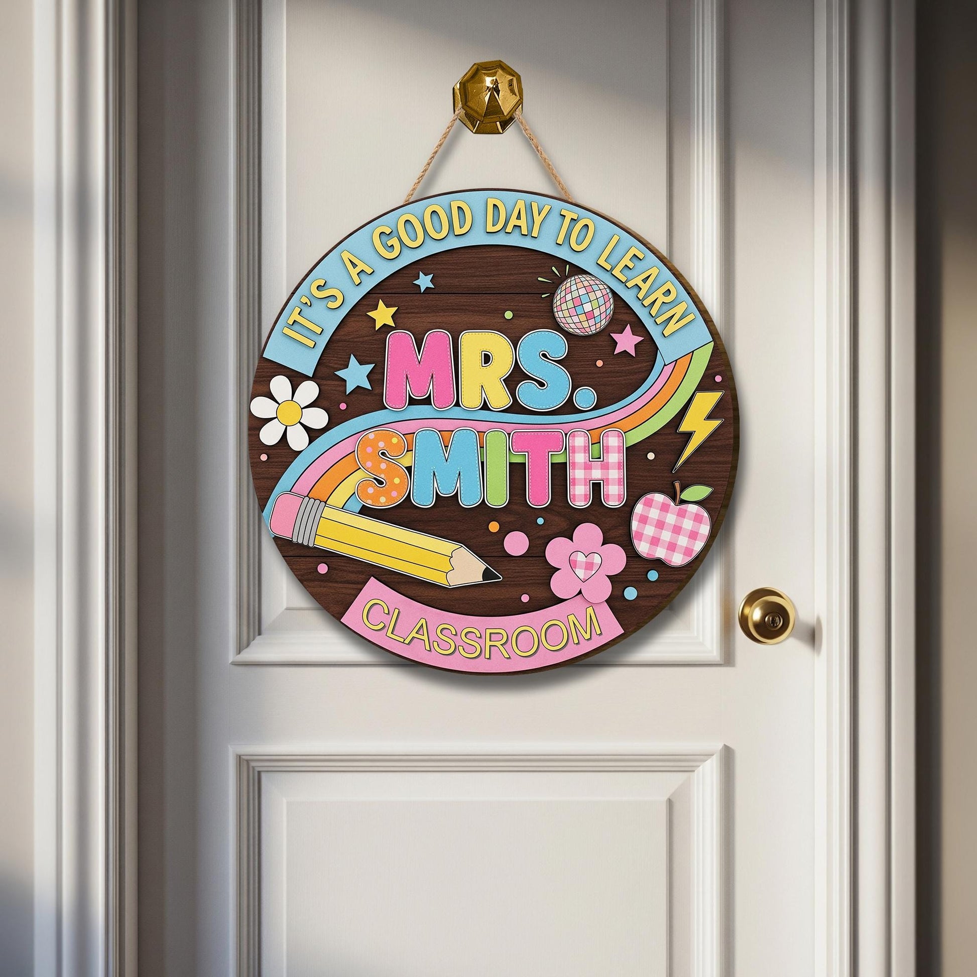 It’s a Good Day to Learn Sign – Personalized Teacher Classroom Door Wooden Decor – Colorful Rainbow Pencil School Wall Hanging Gift