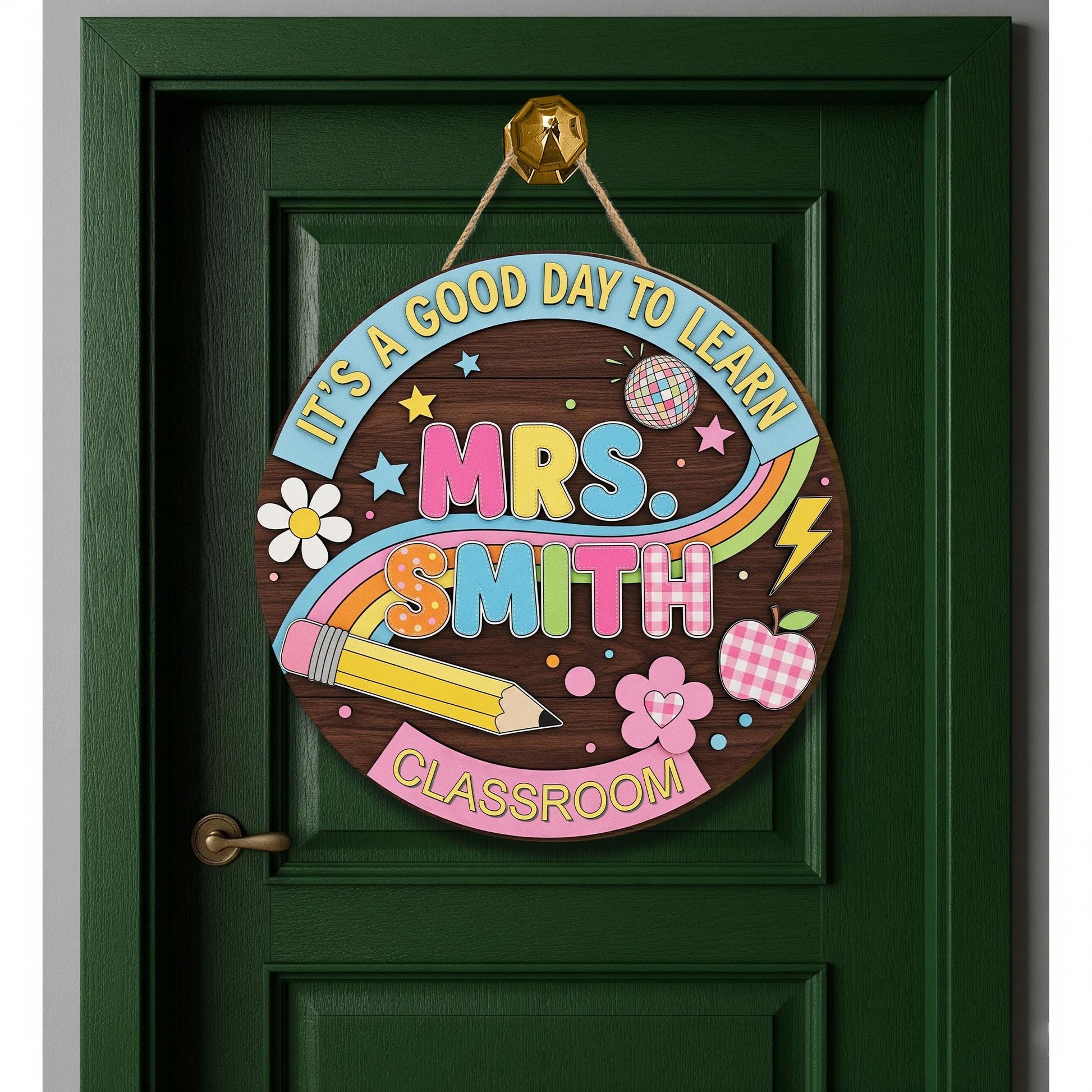 It’s a Good Day to Learn Sign – Personalized Teacher Classroom Door Wooden Decor – Colorful Rainbow Pencil School Wall Hanging Gift