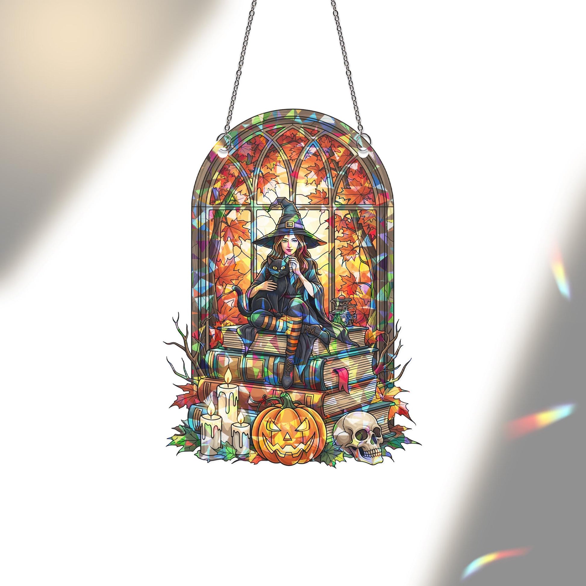 Halloween Stained Glass Witch Suncatcher, Black Cat & Books Decor, Autumn Window Art, Spooky Fall Gift