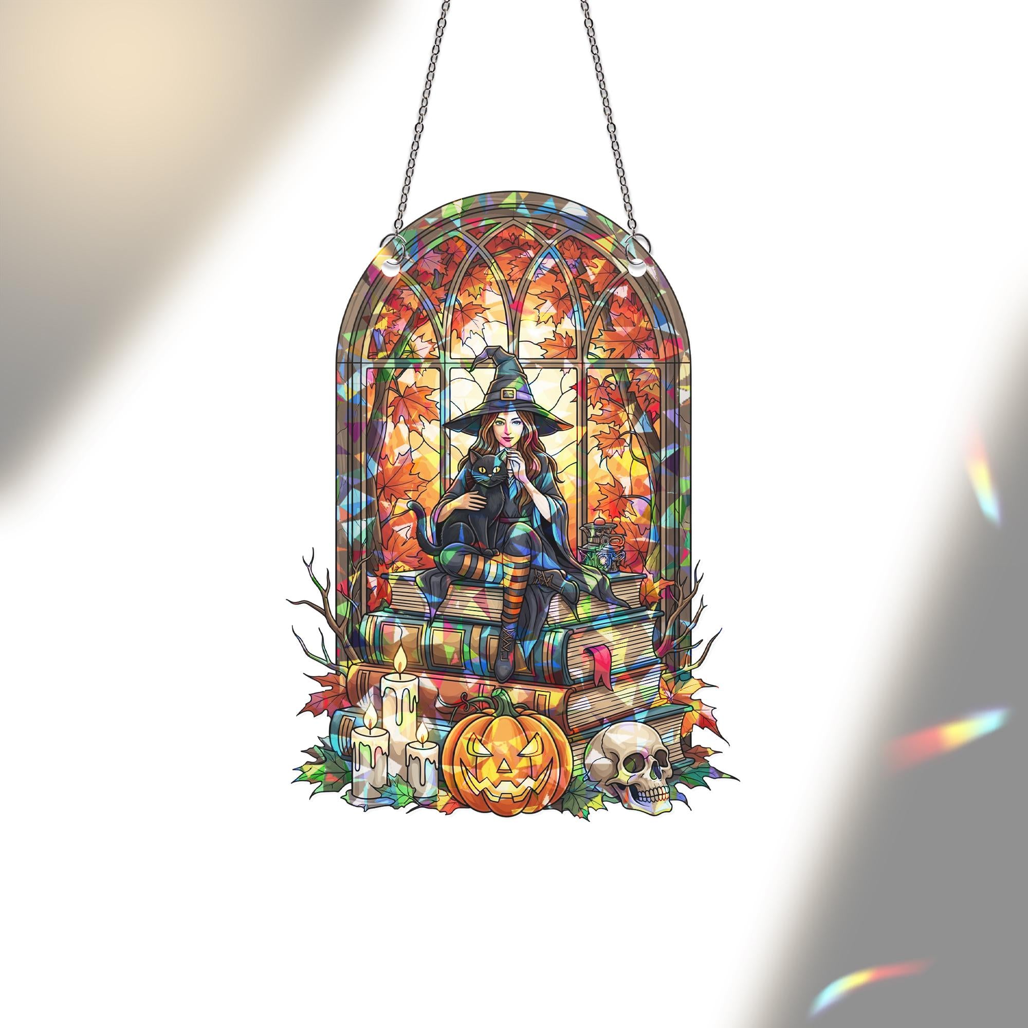 Halloween Stained Glass Witch Suncatcher, Black Cat & Books Decor, Autumn Window Art, Spooky Fall Gift