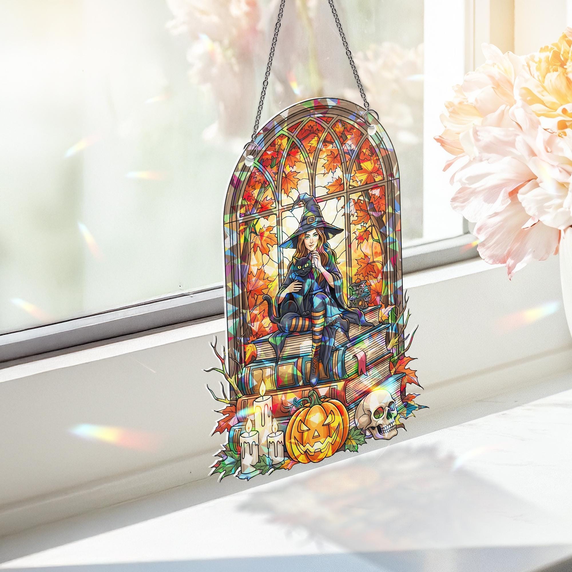 Halloween Stained Glass Witch Suncatcher, Black Cat & Books Decor, Autumn Window Art, Spooky Fall Gift