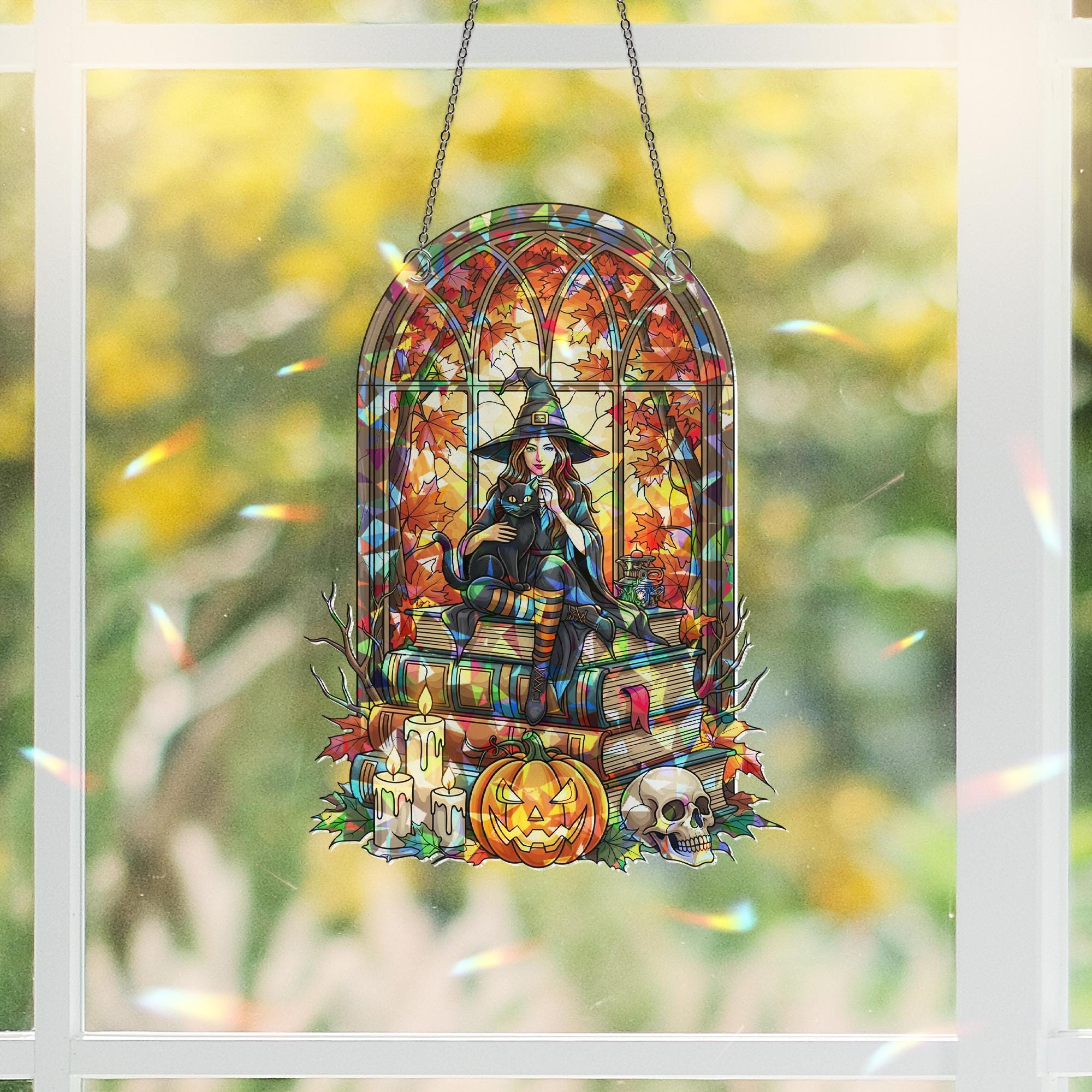 Halloween Stained Glass Witch Suncatcher, Black Cat & Books Decor, Autumn Window Art, Spooky Fall Gift