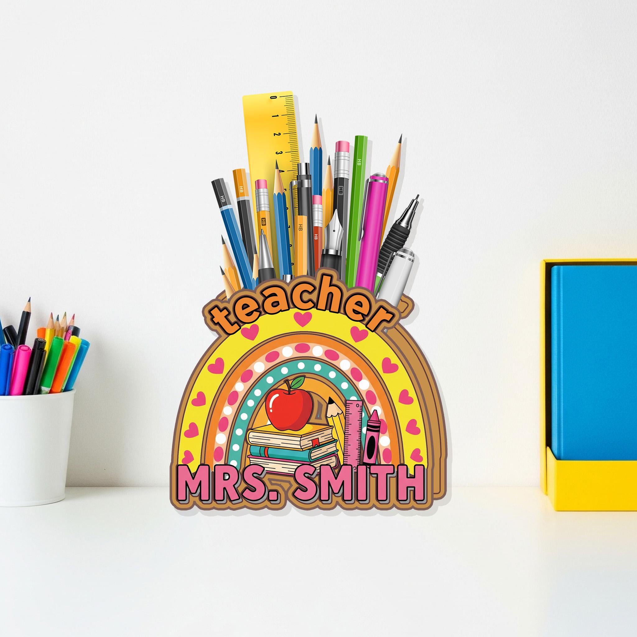 Personalized Teacher Pencil Holder – Rainbow Desk Organizer with Name – Custom Classroom Decor – Back to School Teacher Gift, Office Decor