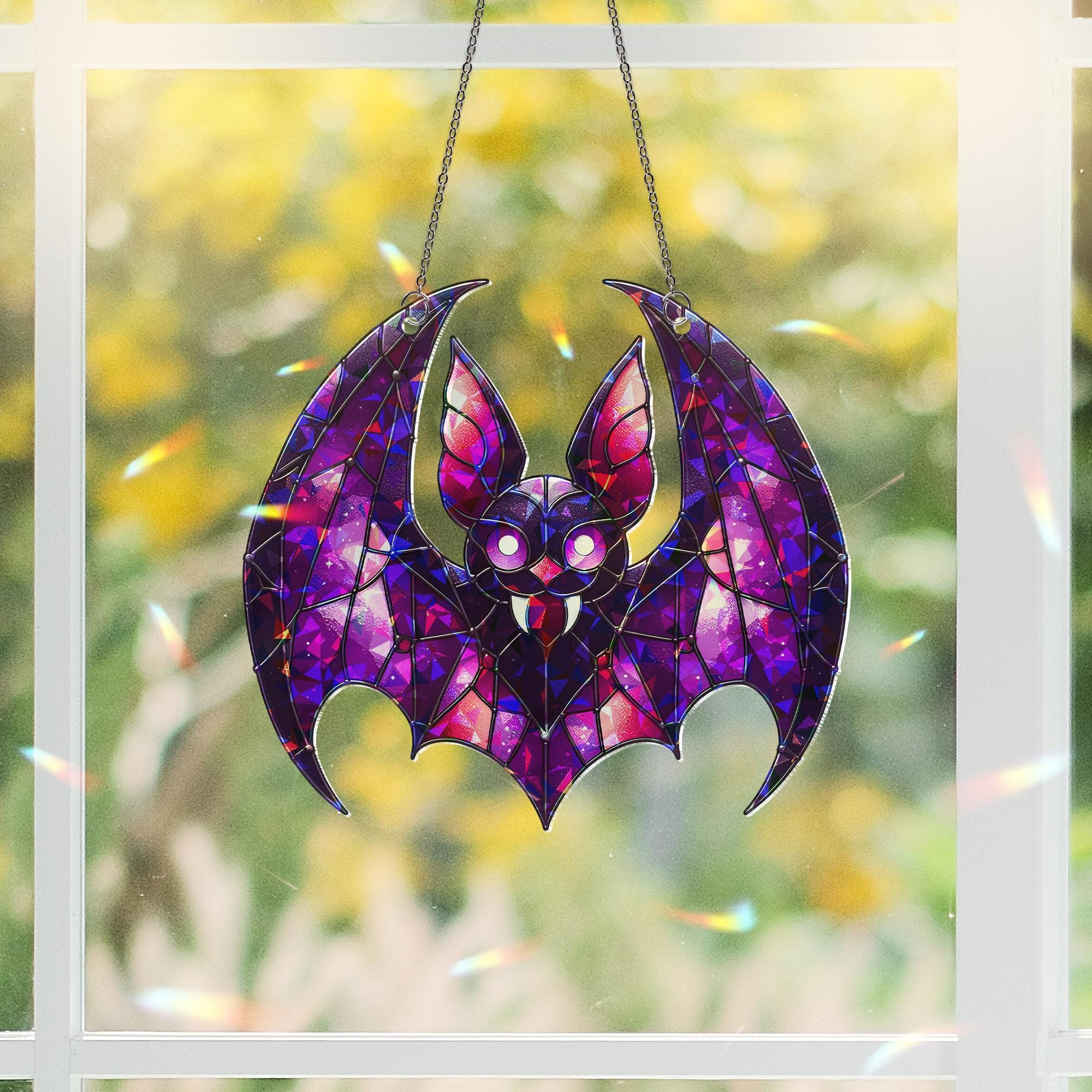 Purple Bat Suncatcher - Gothic Stained Glass Bat Decor - Halloween Window Hanging - Spooky Cute Bat Gift - Vampire Bat Wall Art