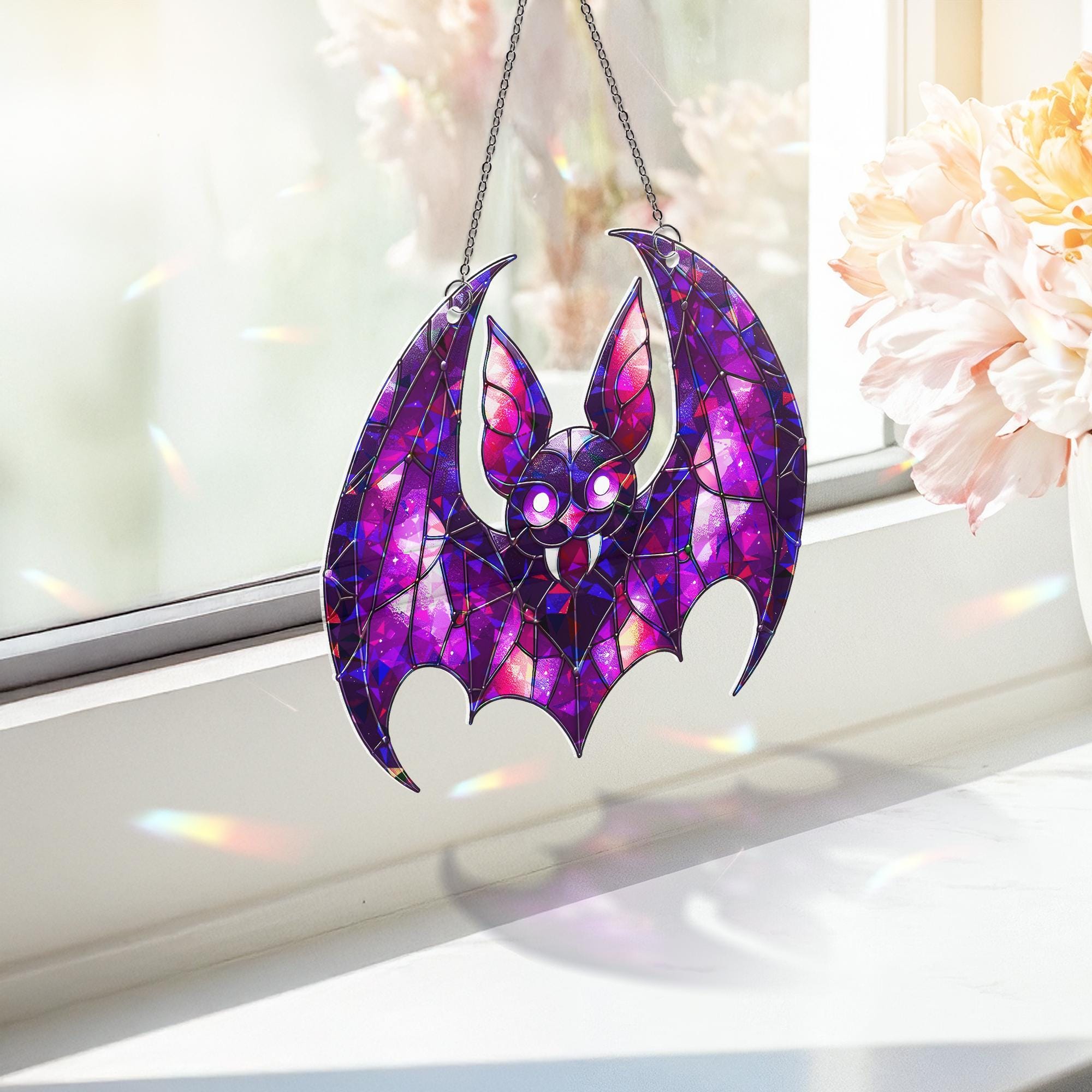 Purple Bat Suncatcher - Gothic Stained Glass Bat Decor - Halloween Window Hanging - Spooky Cute Bat Gift - Vampire Bat Wall Art