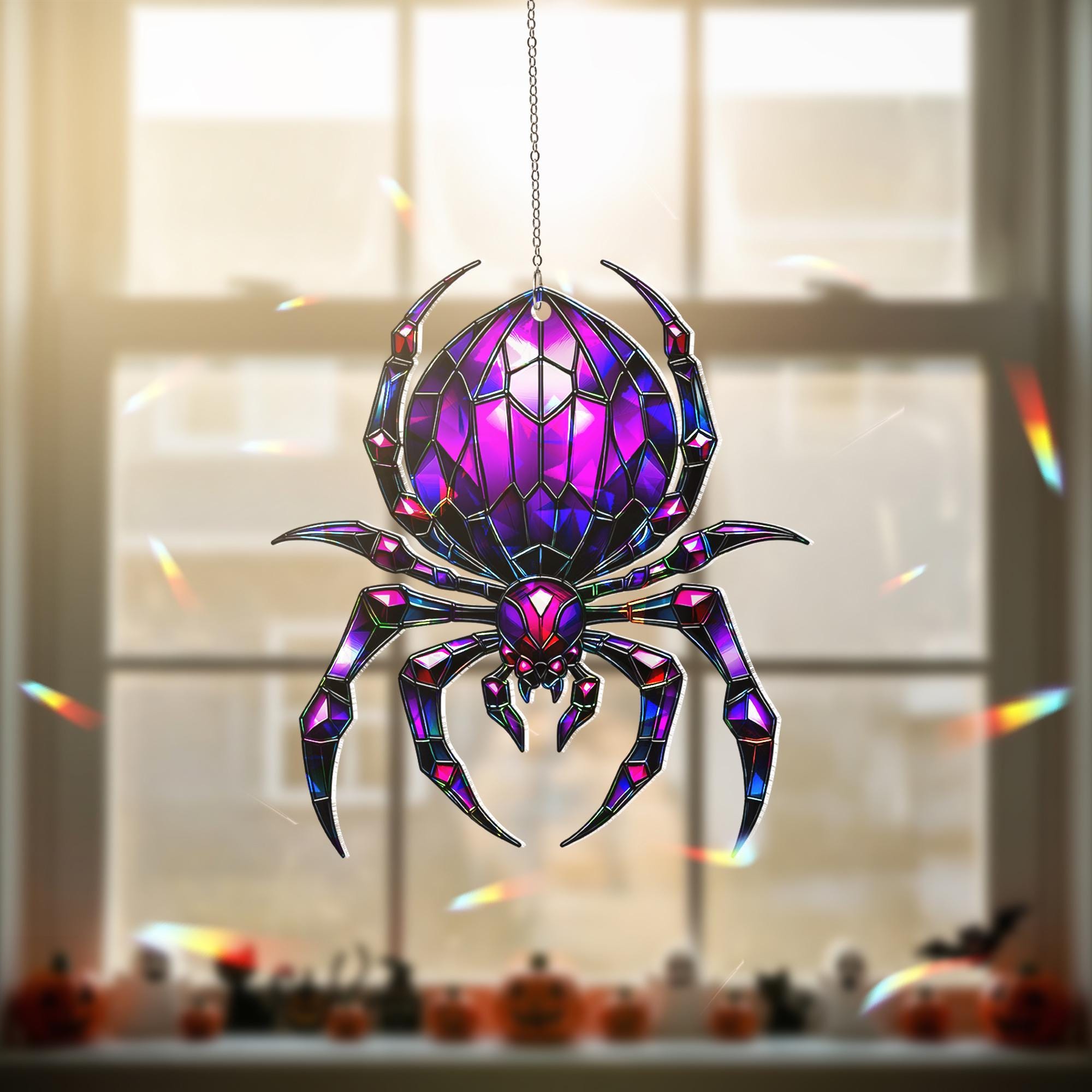 Purple Spider Suncatcher - Halloween Stained Glass Window Hanging - Gothic Insect Decor - Creepy Cute Fall Ornament