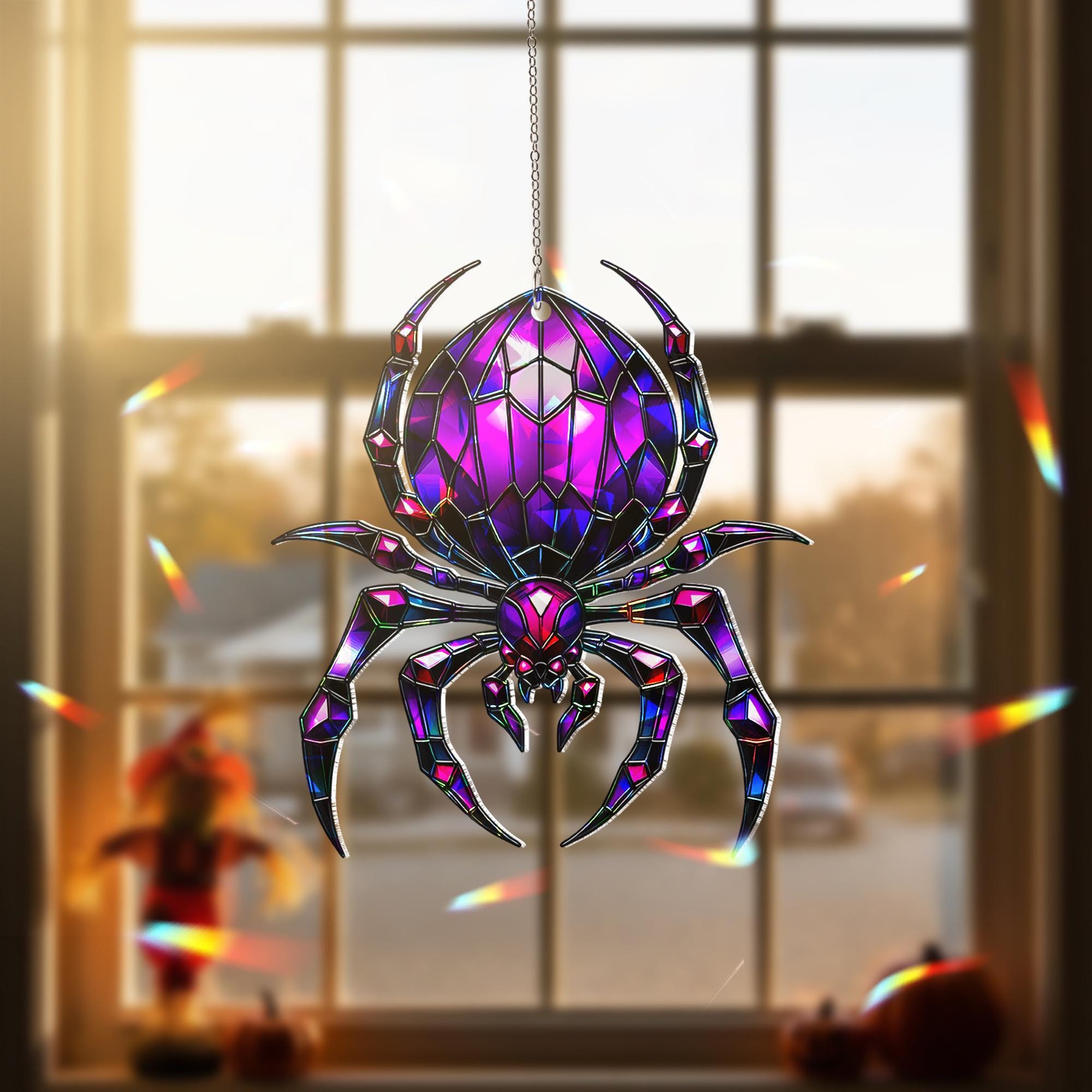 Purple Spider Suncatcher - Halloween Stained Glass Window Hanging - Gothic Insect Decor - Creepy Cute Fall Ornament