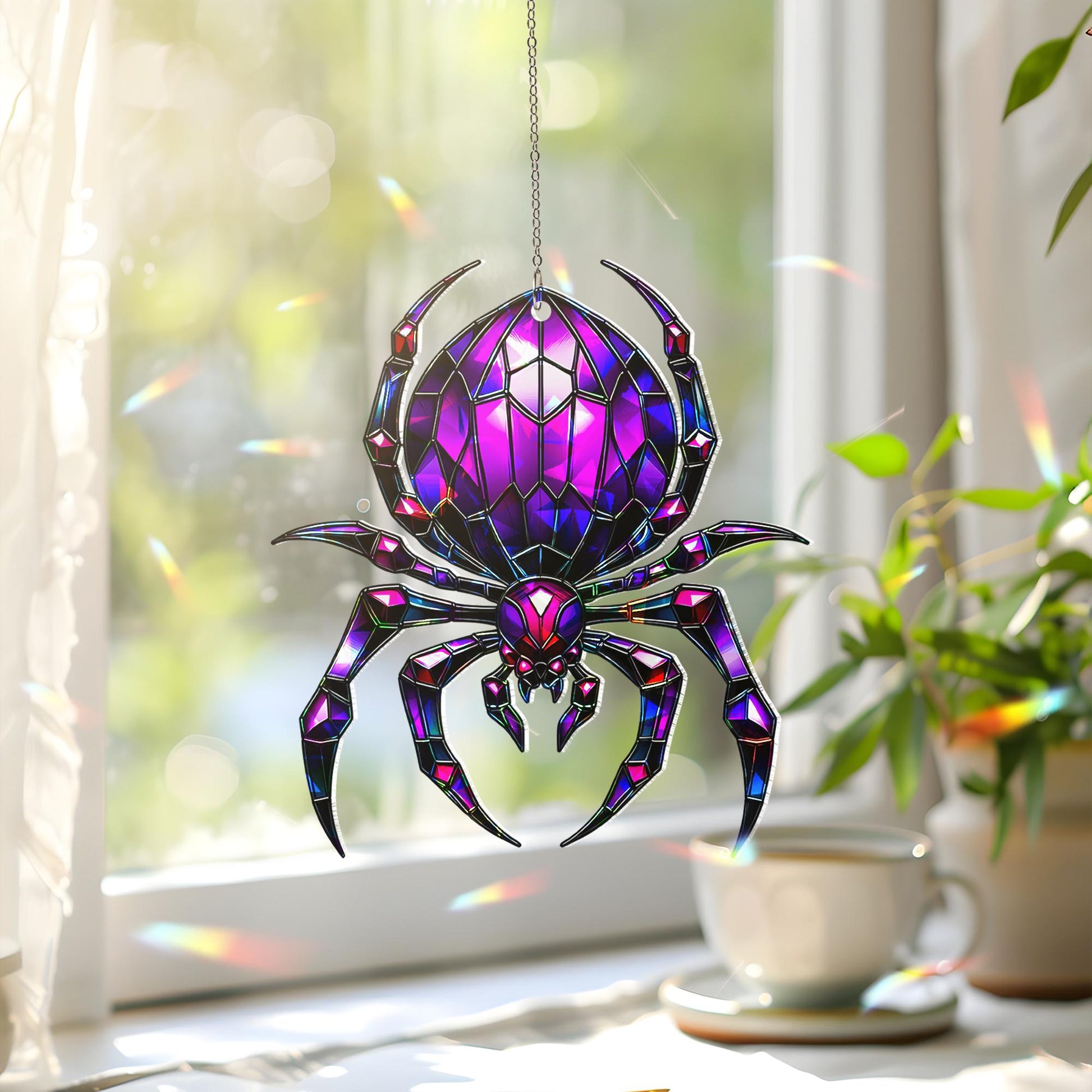 Purple Spider Suncatcher - Halloween Stained Glass Window Hanging - Gothic Insect Decor - Creepy Cute Fall Ornament