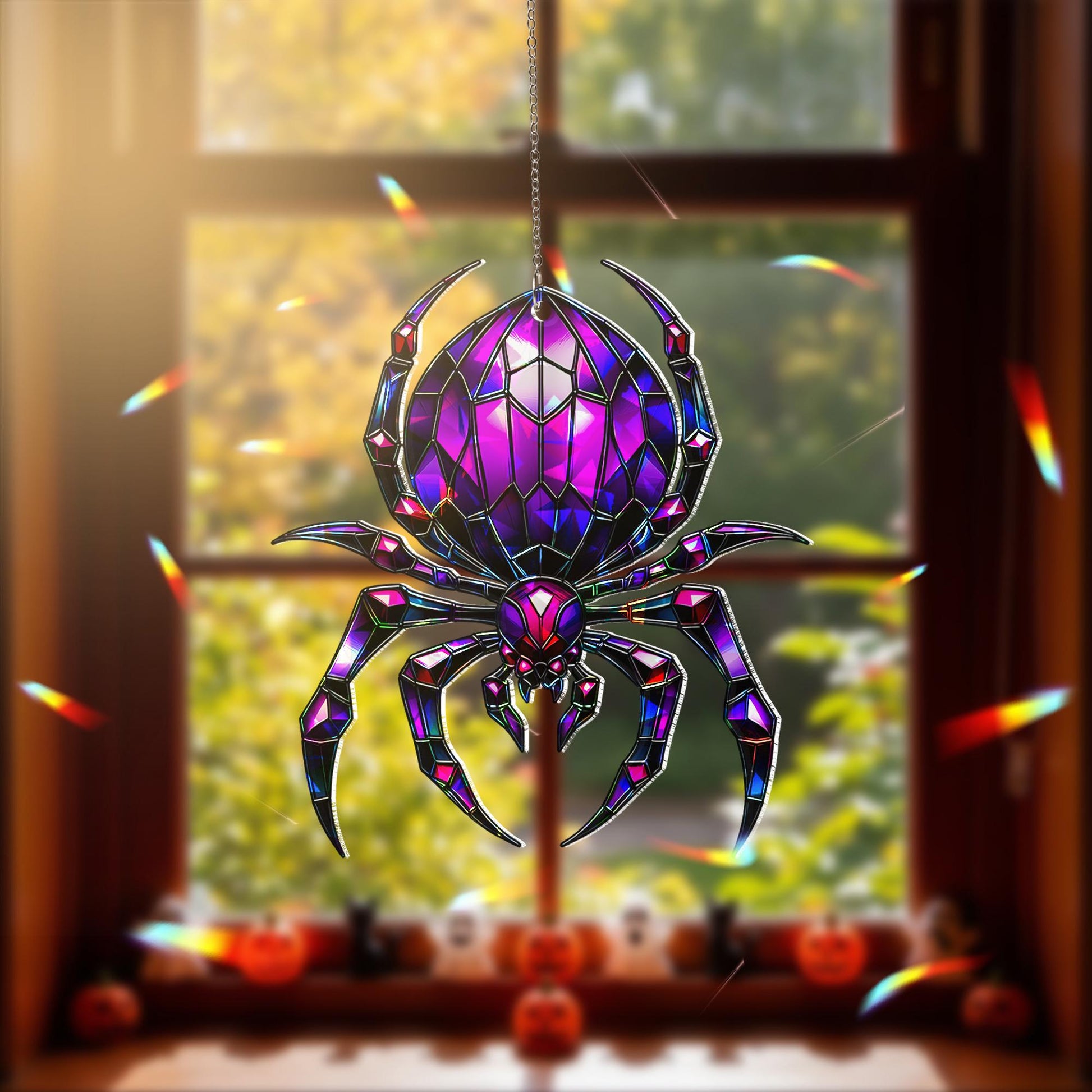 Purple Spider Suncatcher - Halloween Stained Glass Window Hanging - Gothic Insect Decor - Creepy Cute Fall Ornament