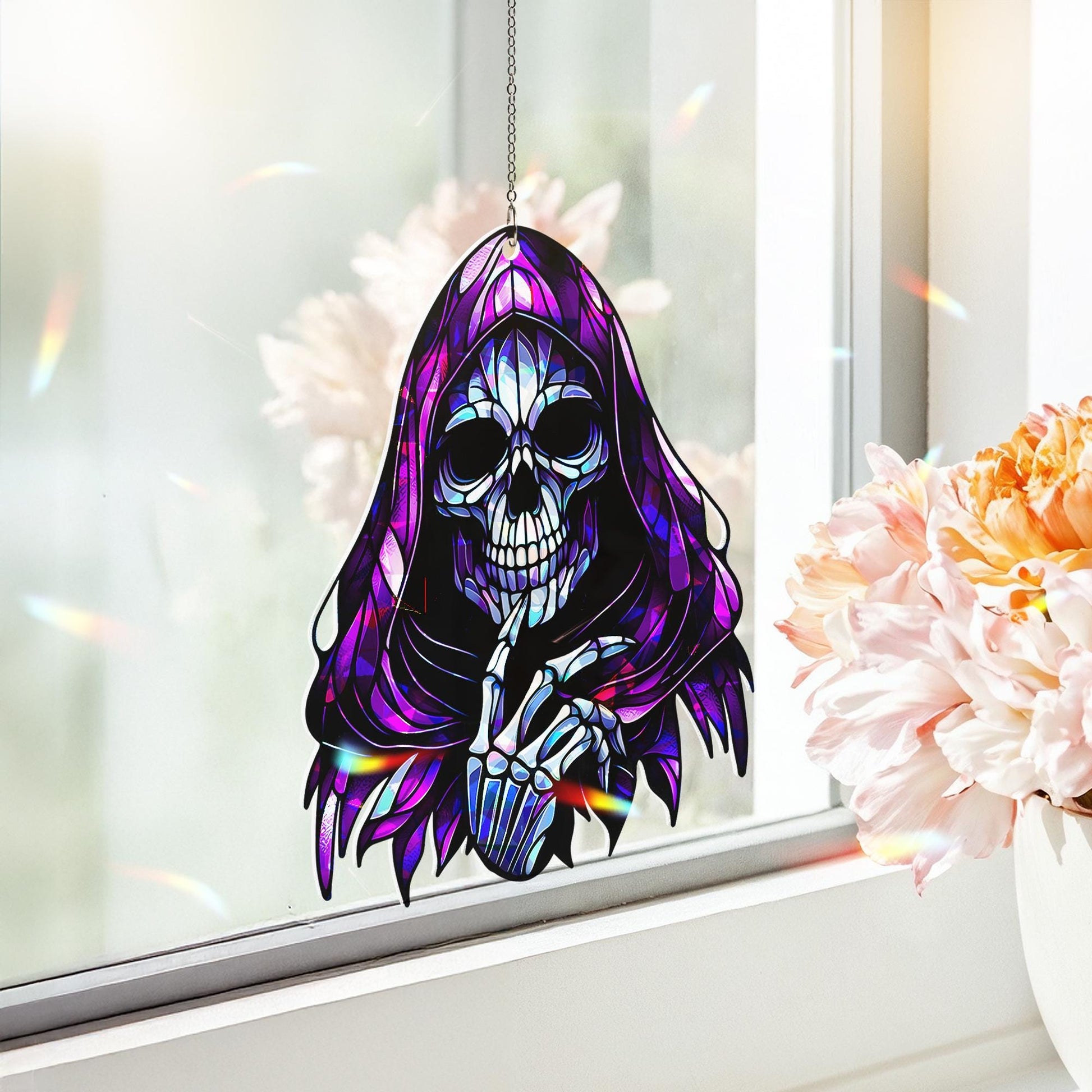 Grim Reaper Suncatcher - Gothic Stained Glass Halloween Decor - Spooky Skeleton Window Hanging Ornament
