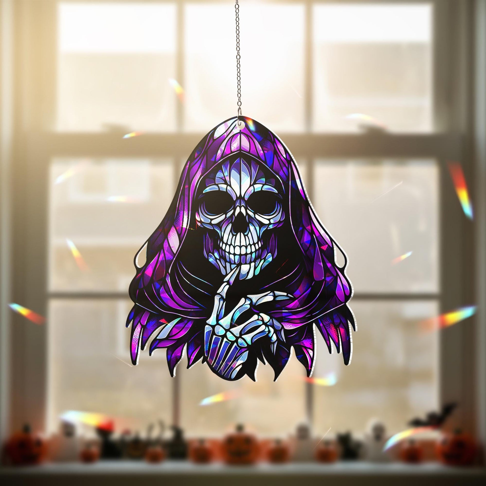 Grim Reaper Suncatcher - Gothic Stained Glass Halloween Decor - Spooky Skeleton Window Hanging Ornament