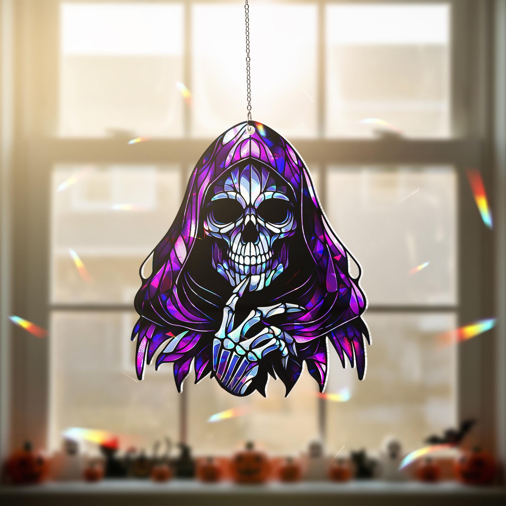 Grim Reaper Suncatcher - Gothic Stained Glass Halloween Decor - Spooky Skeleton Window Hanging Ornament