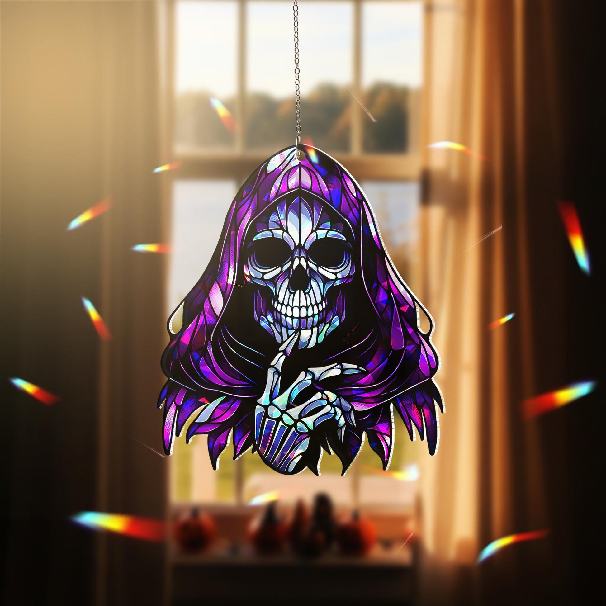 Grim Reaper Suncatcher - Gothic Stained Glass Halloween Decor - Spooky Skeleton Window Hanging Ornament