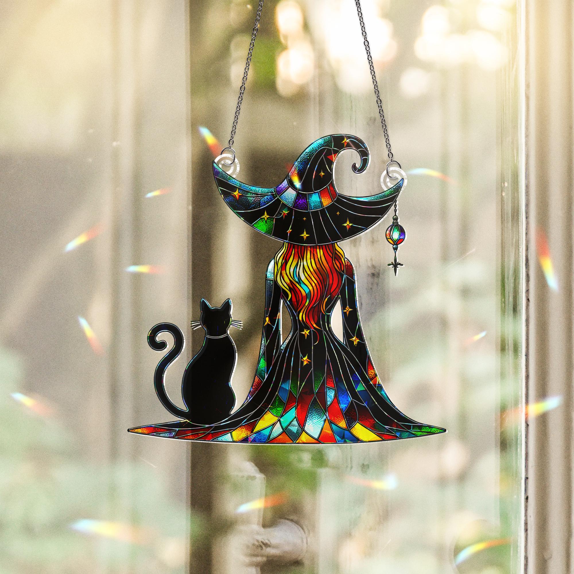 Witch and Black Cat Suncatcher – Stained Glass Halloween Window Decor – Gothic Rainbow Ornament Gift