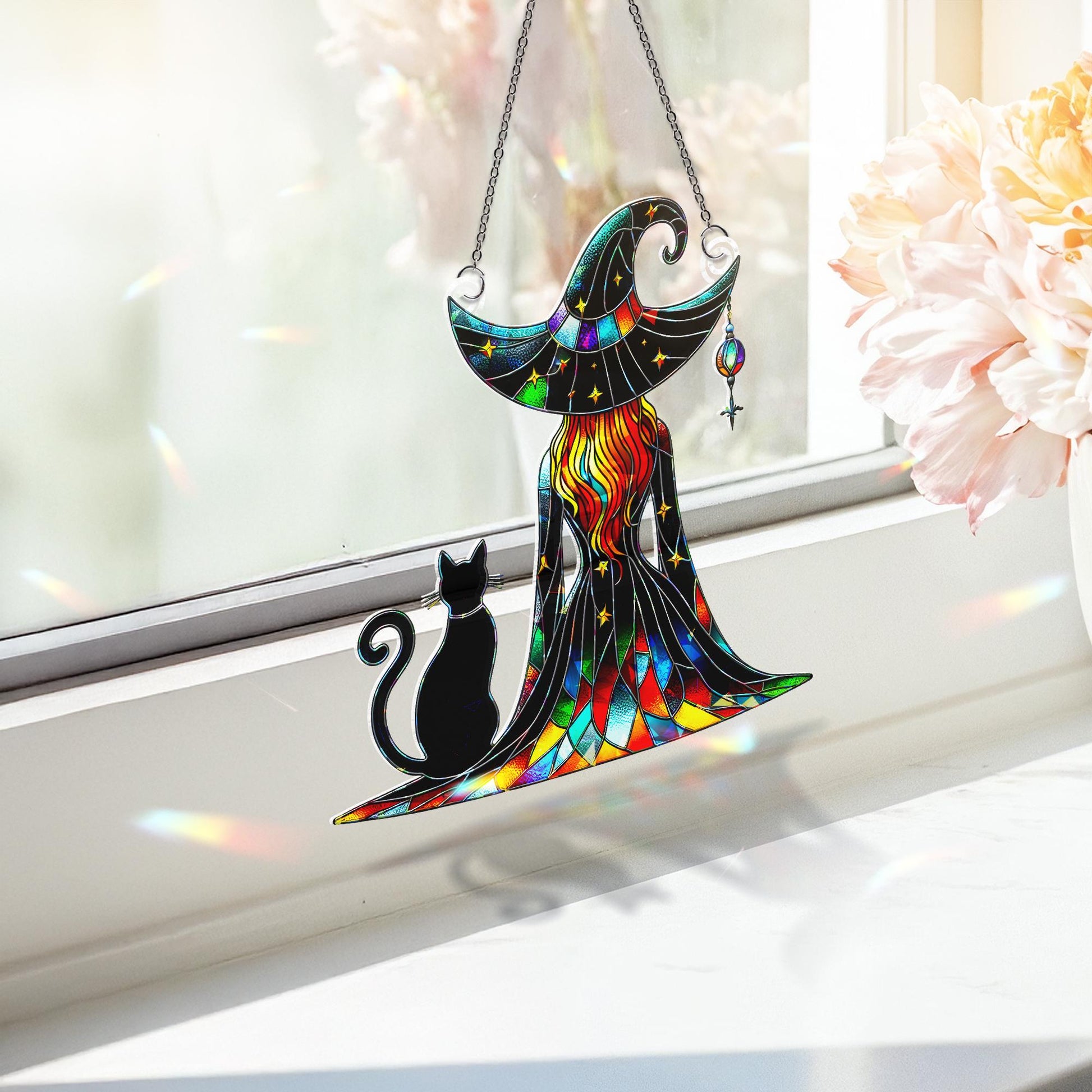 Witch and Black Cat Suncatcher – Stained Glass Halloween Window Decor – Gothic Rainbow Ornament Gift