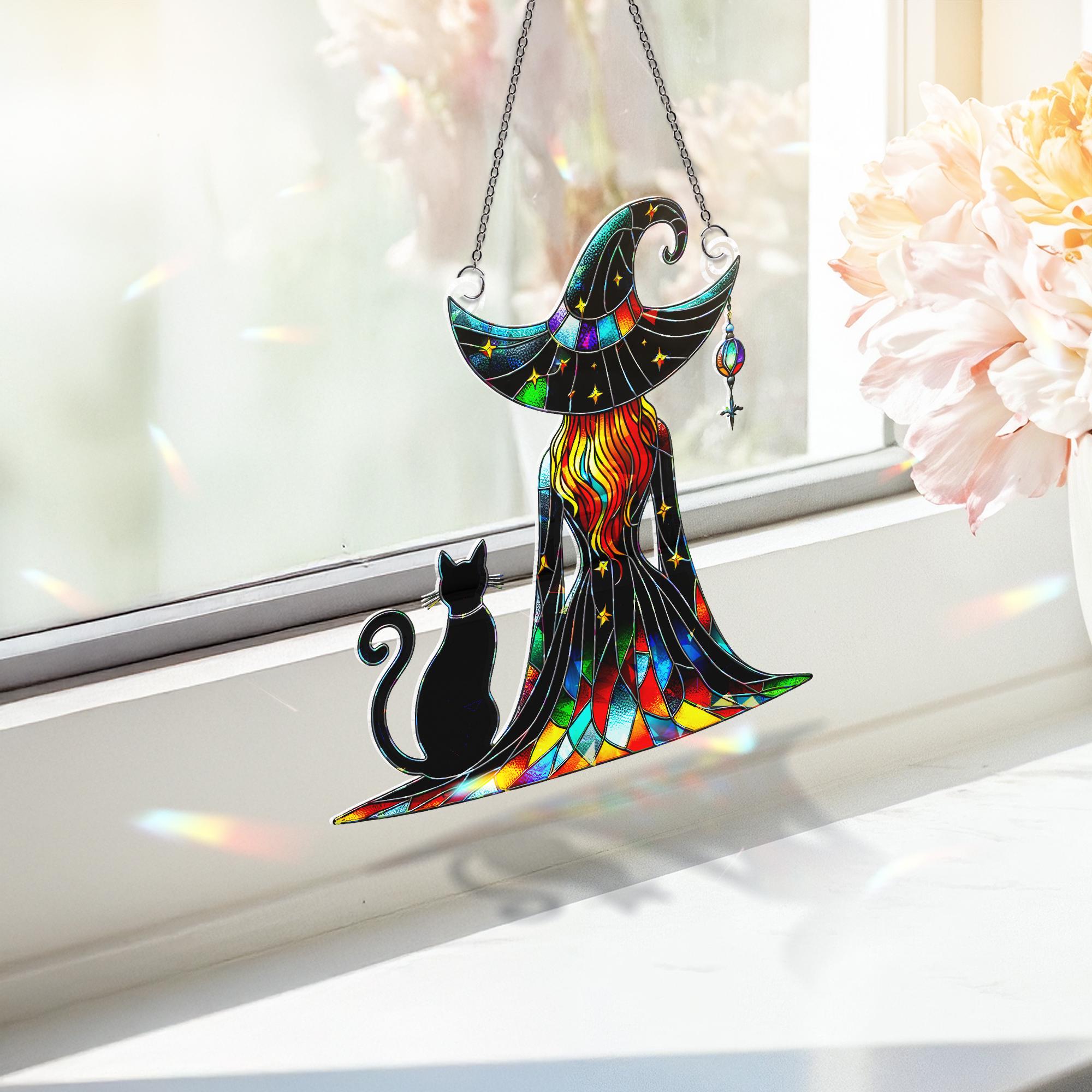 Witch and Black Cat Suncatcher – Stained Glass Halloween Window Decor – Gothic Rainbow Ornament Gift