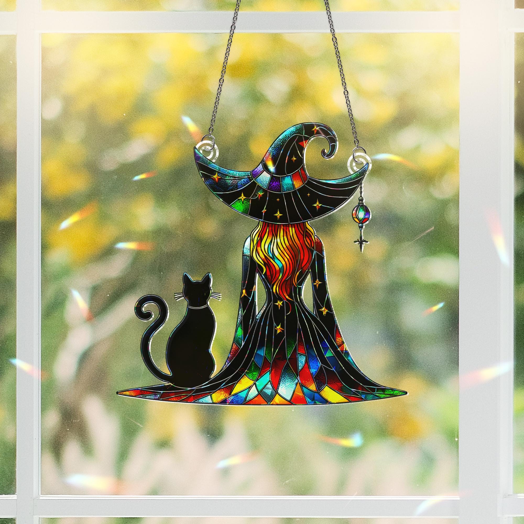 Witch and Black Cat Suncatcher – Stained Glass Halloween Window Decor – Gothic Rainbow Ornament Gift