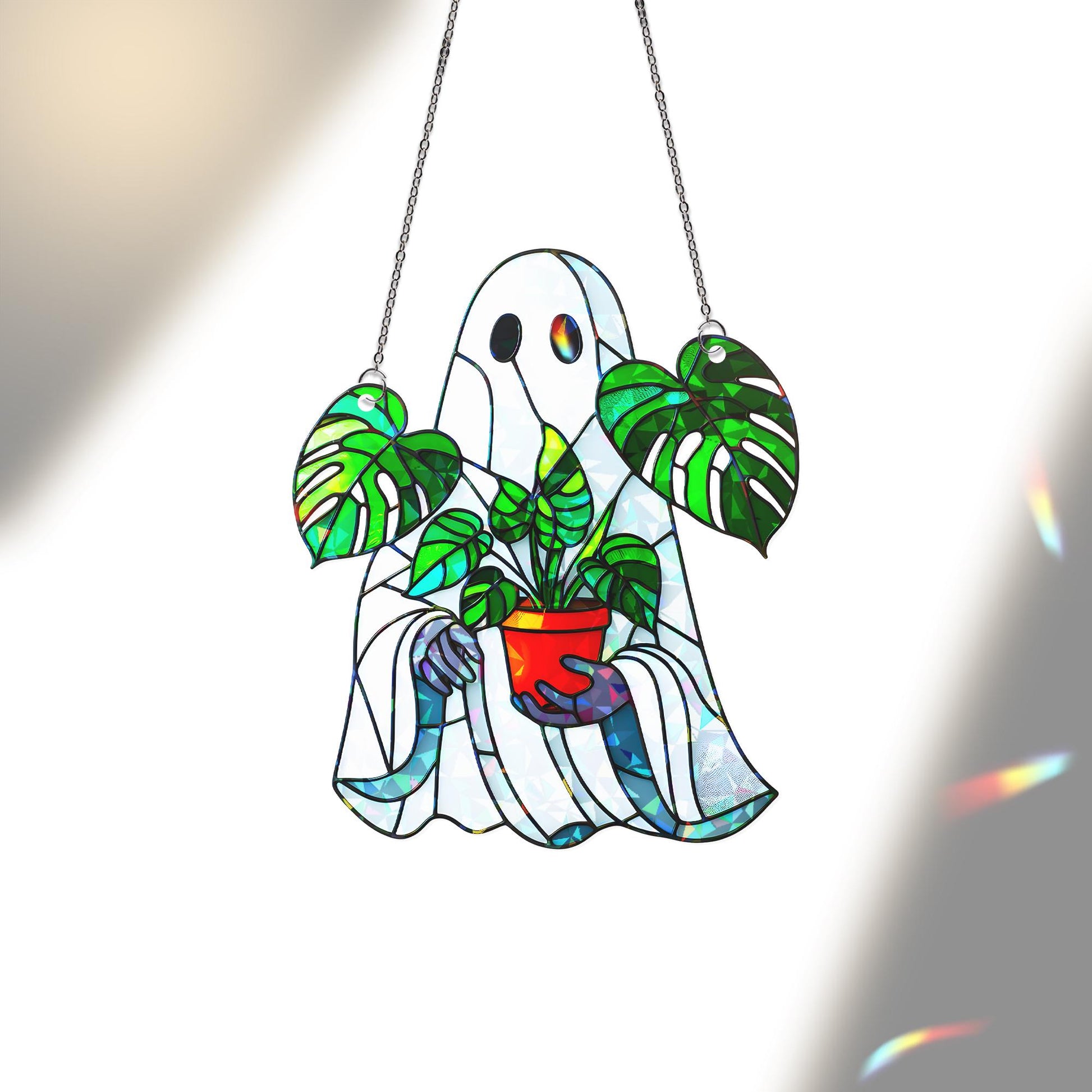 Monstera Ghost Suncatcher – Stained Glass Halloween Plant Lover Decor – Spooky Window Ornament