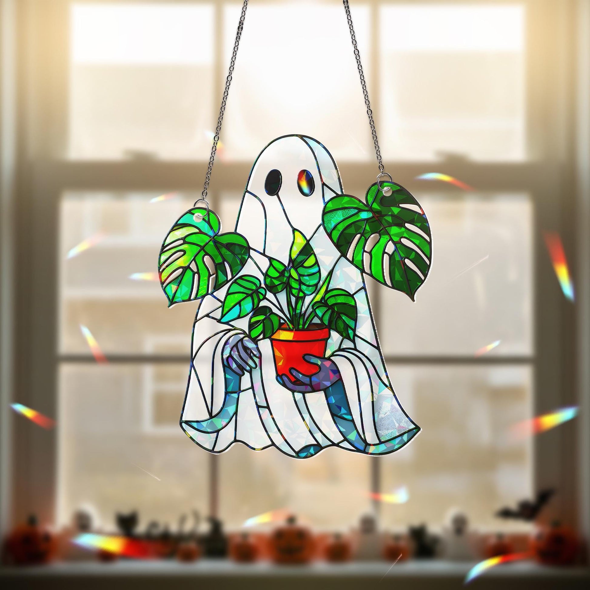 Monstera Ghost Suncatcher – Stained Glass Halloween Plant Lover Decor – Spooky Window Ornament