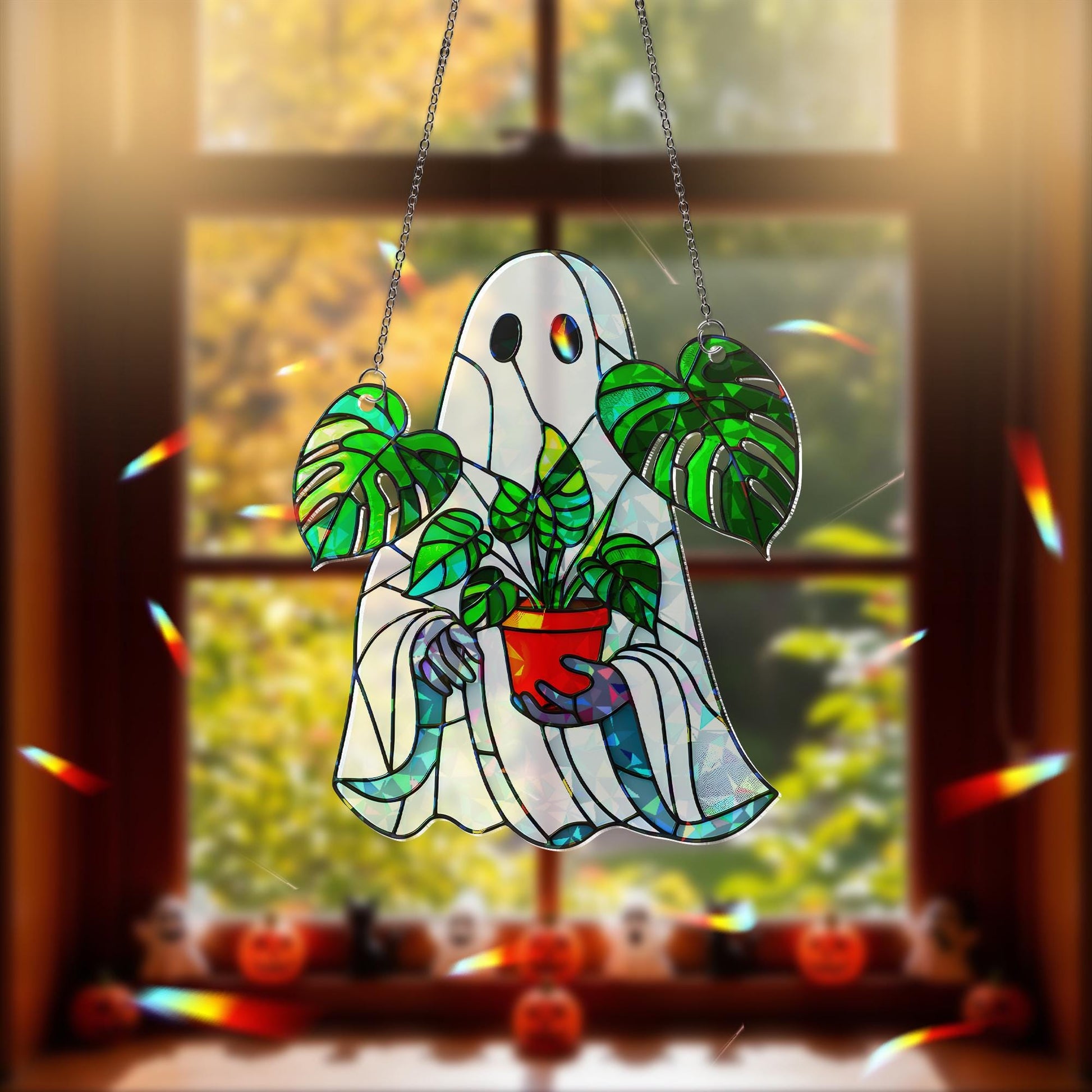 Monstera Ghost Suncatcher – Stained Glass Halloween Plant Lover Decor – Spooky Window Ornament