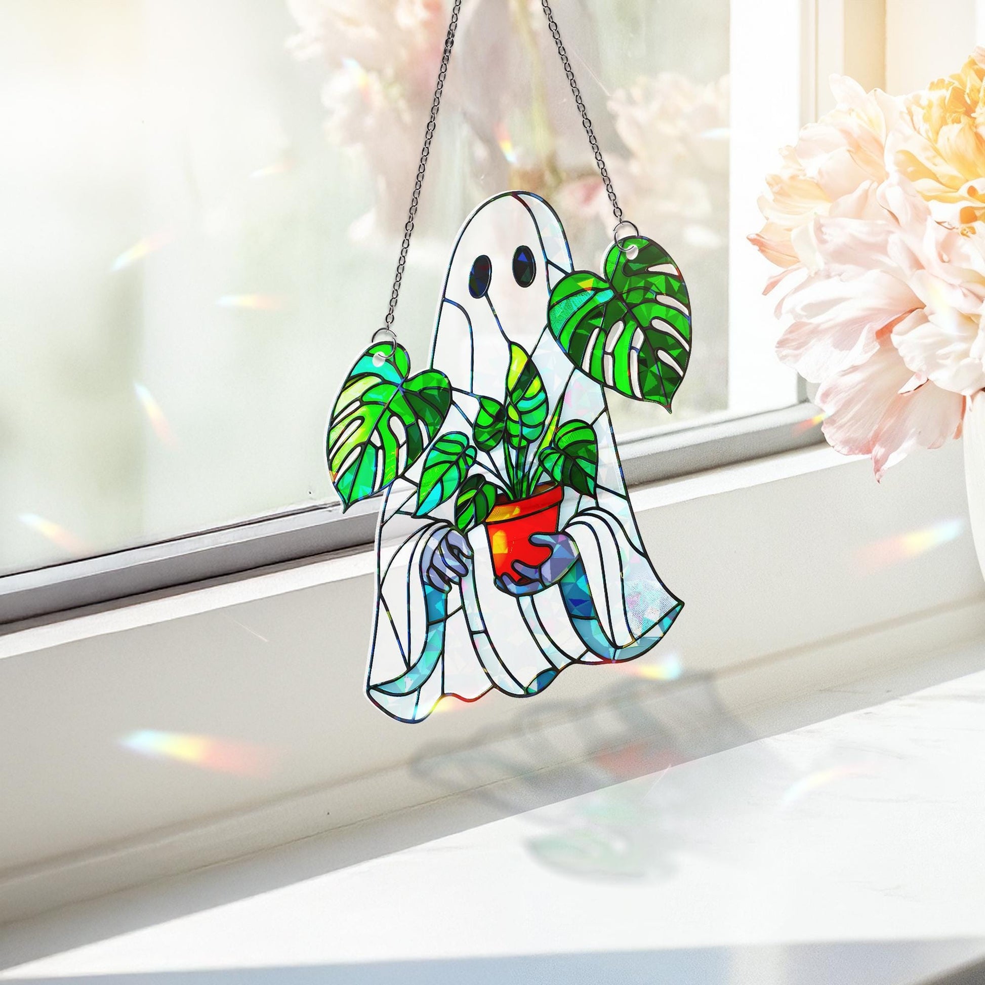 Monstera Ghost Suncatcher – Stained Glass Halloween Plant Lover Decor – Spooky Window Ornament