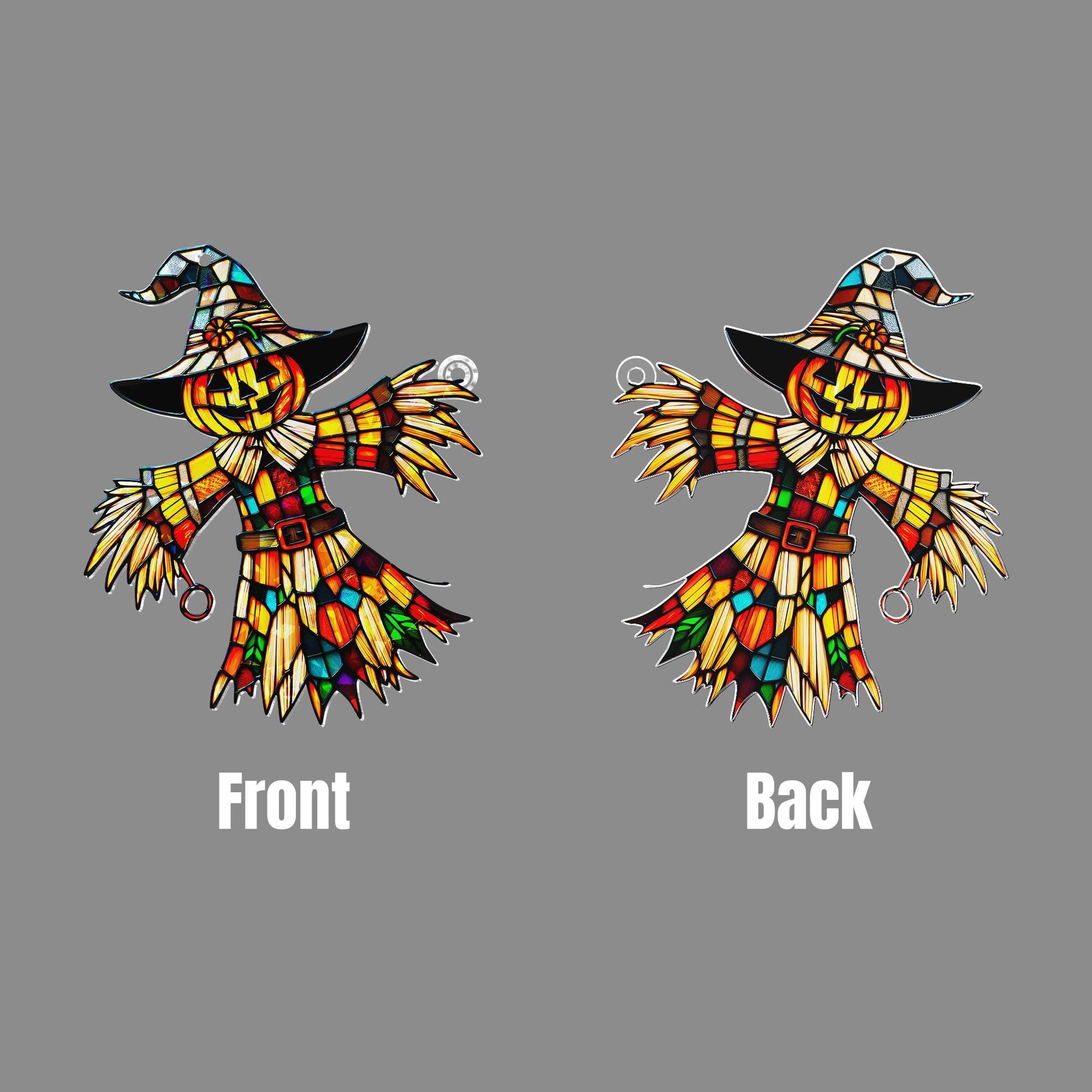 Scarecrow Halloween Suncatcher – Stained Glass Fall Window Decor – Pumpkin Witch Ornament