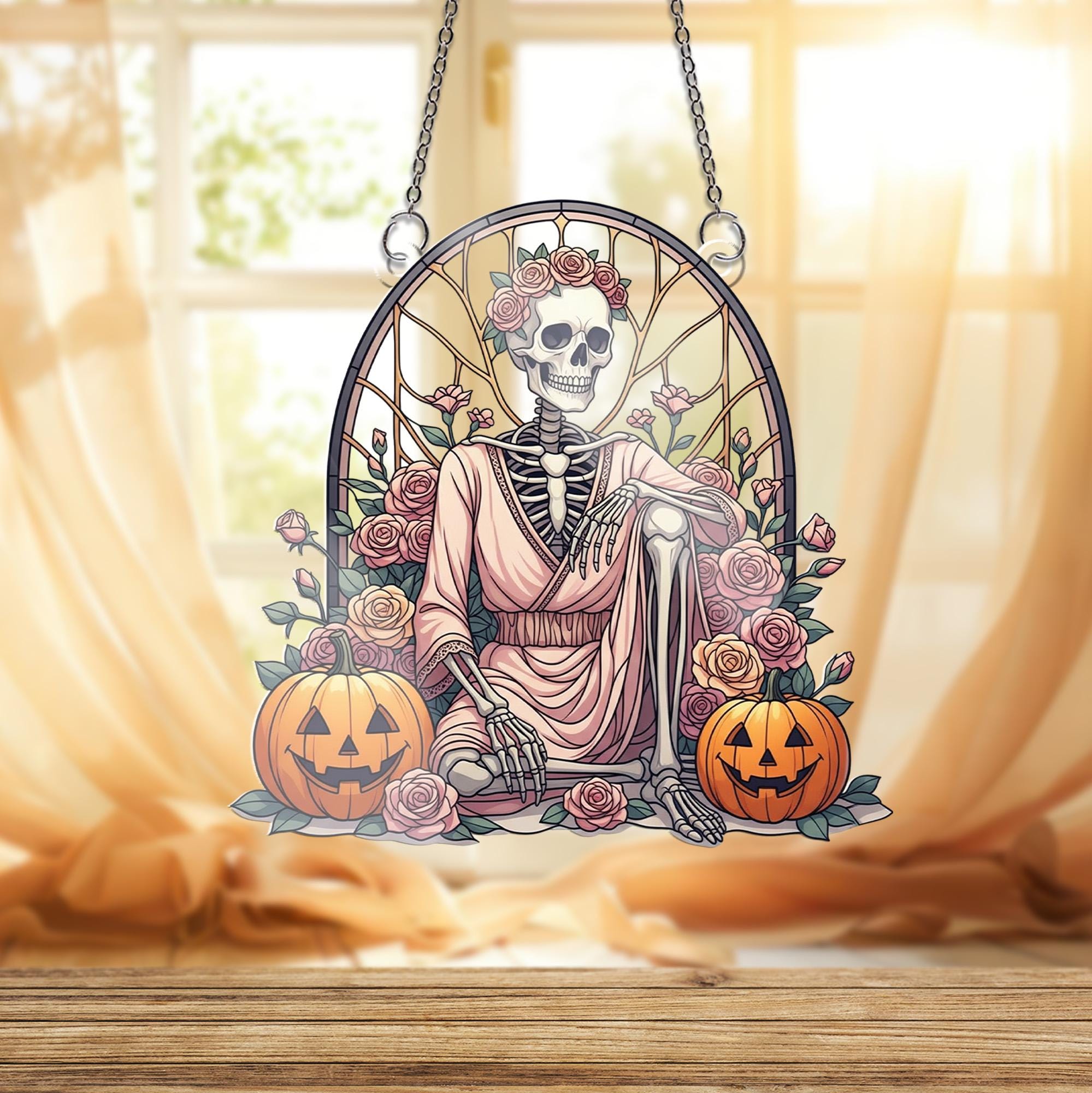 Stained Glass Skeleton Rose Suncatcher, Gothic Floral Window Decor, Halloween Macabre Art, Day of the Dead Gift