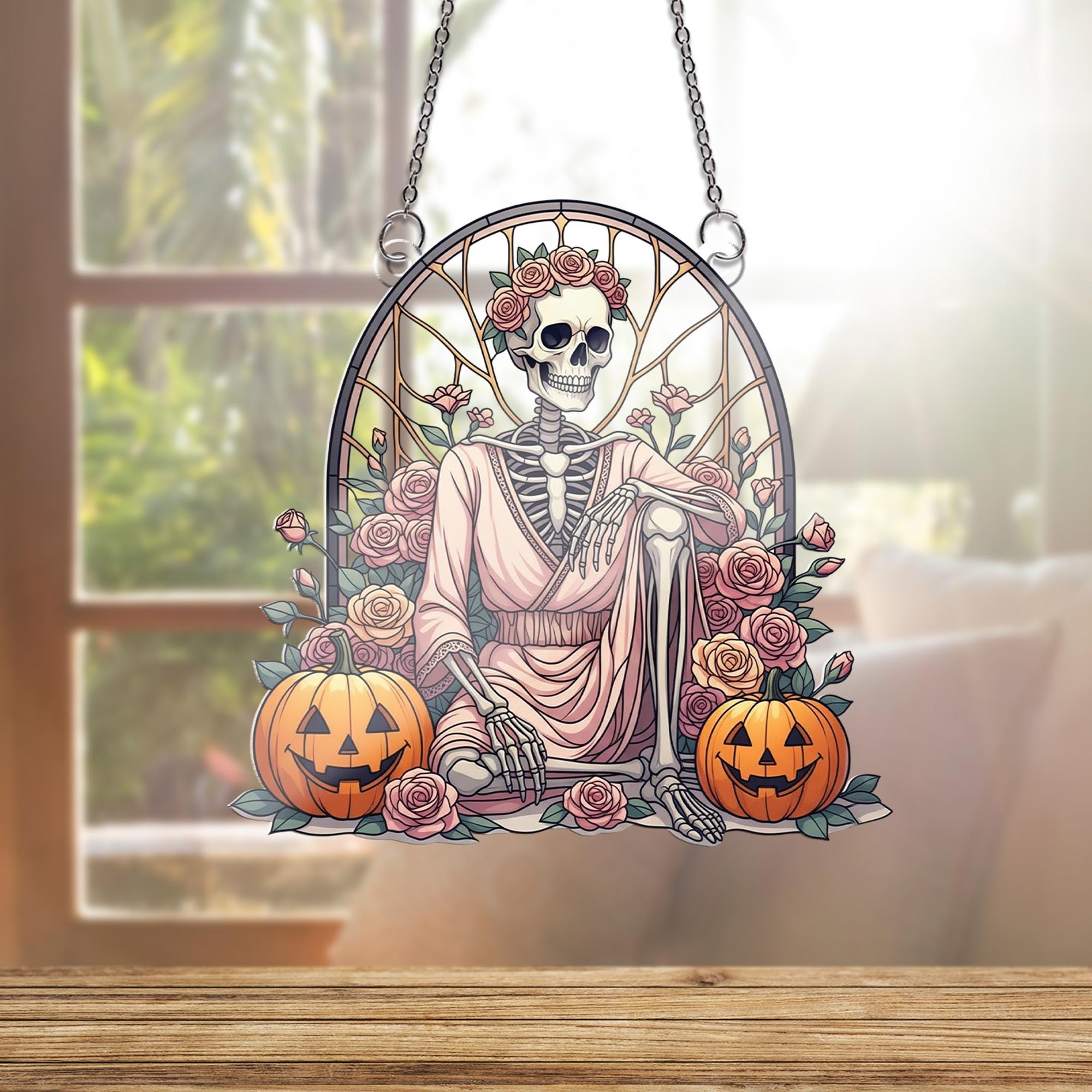 Stained Glass Skeleton Rose Suncatcher, Gothic Floral Window Decor, Halloween Macabre Art, Day of the Dead Gift