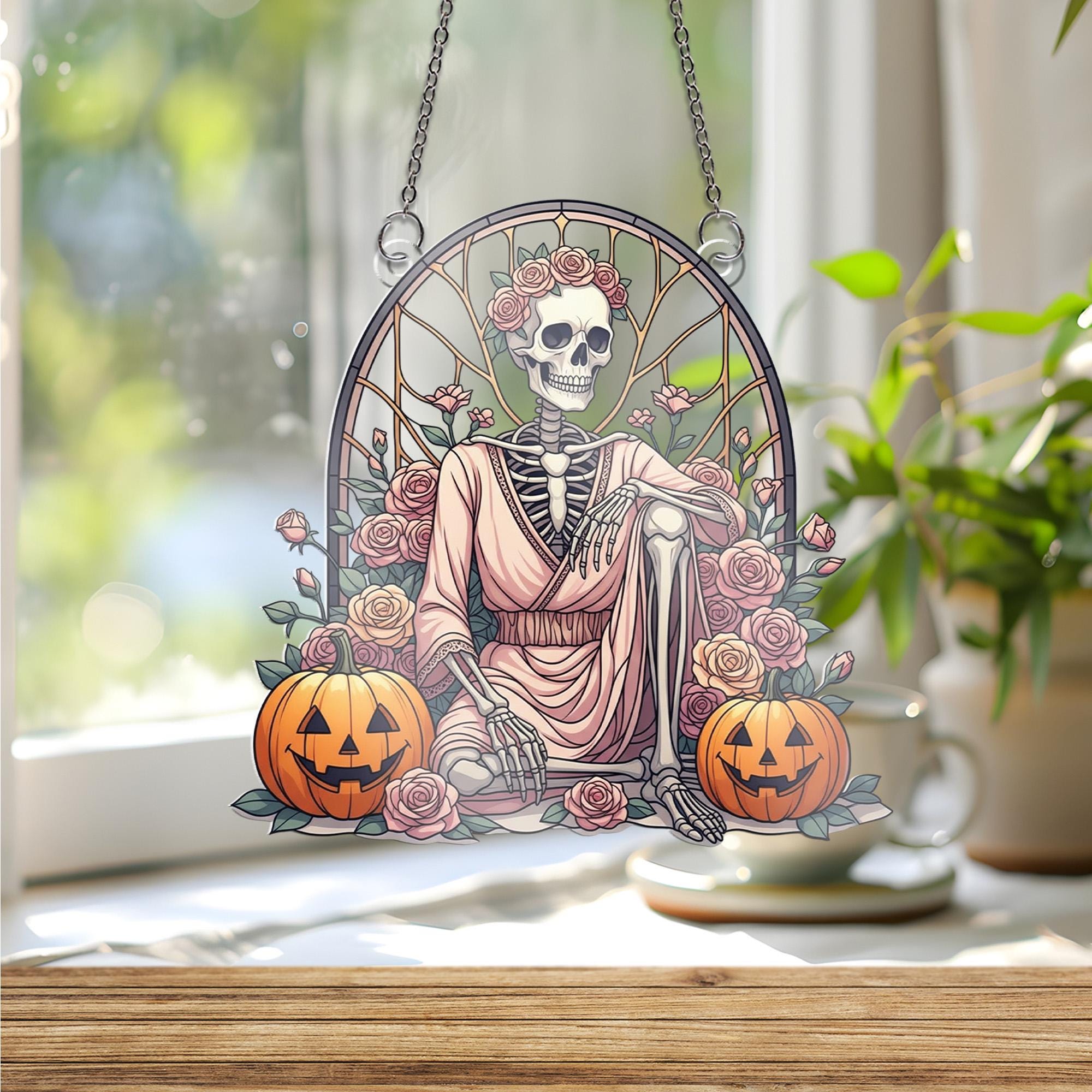 Stained Glass Skeleton Rose Suncatcher, Gothic Floral Window Decor, Halloween Macabre Art, Day of the Dead Gift
