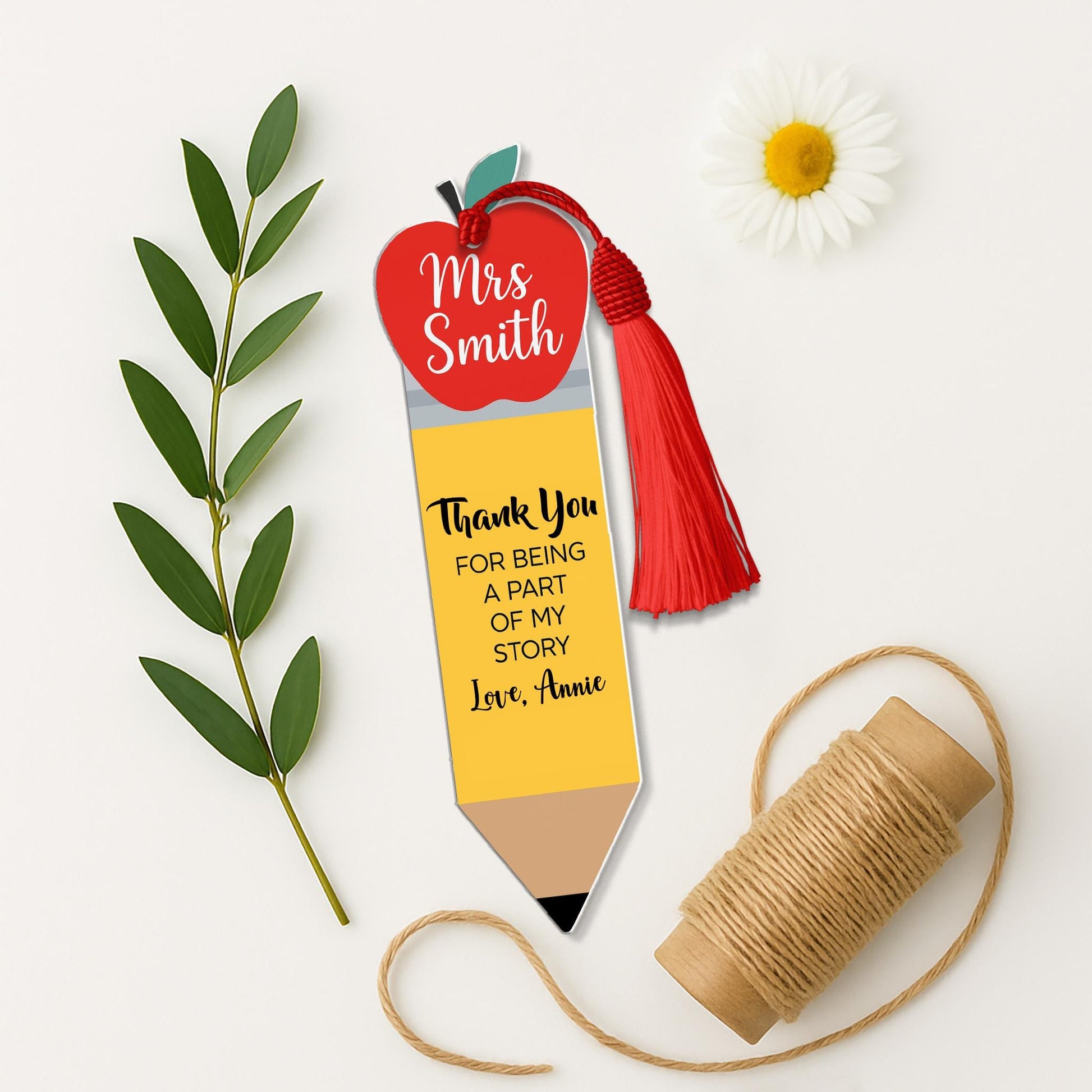 Personalized Teacher Bookmark, Apple Pencil Design, Thank You Gift, Back to School, Custom Name, End of Year Teacher Gift
