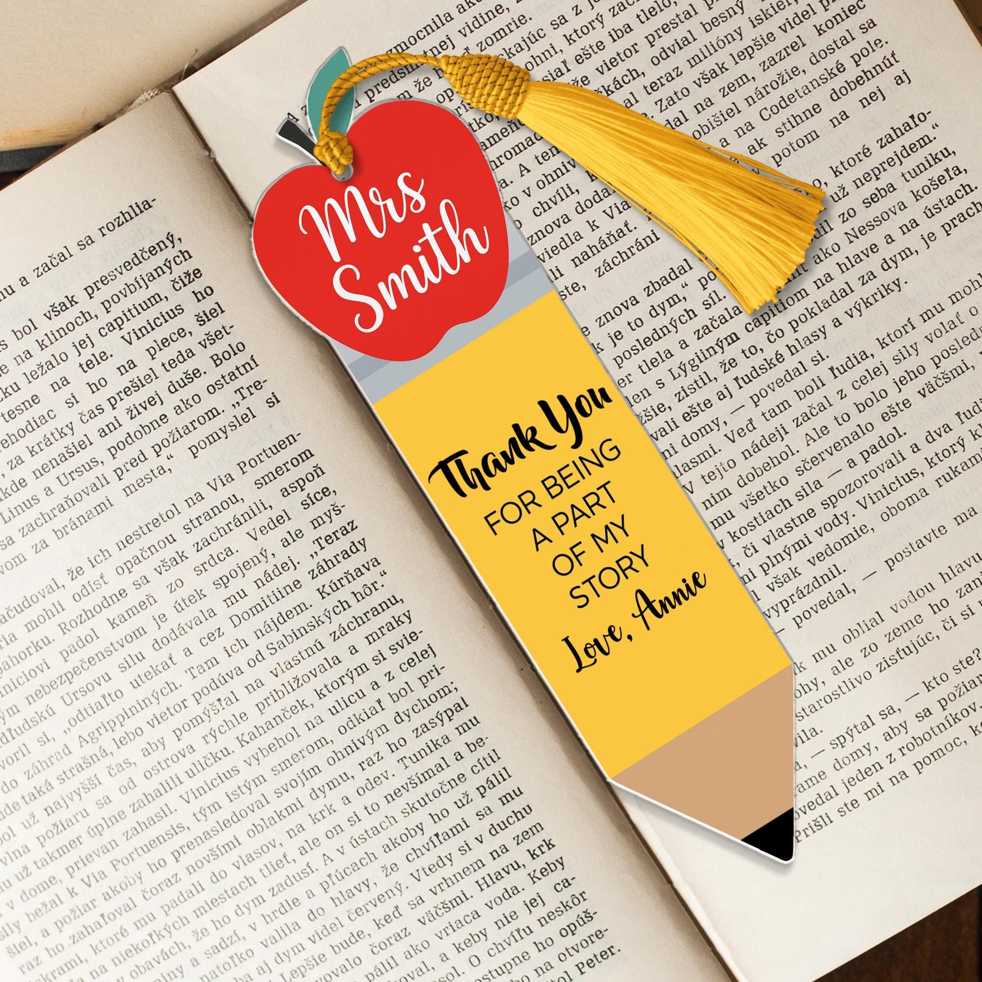 Personalized Teacher Bookmark, Apple Pencil Design, Thank You Gift, Back to School, Custom Name, End of Year Teacher Gift