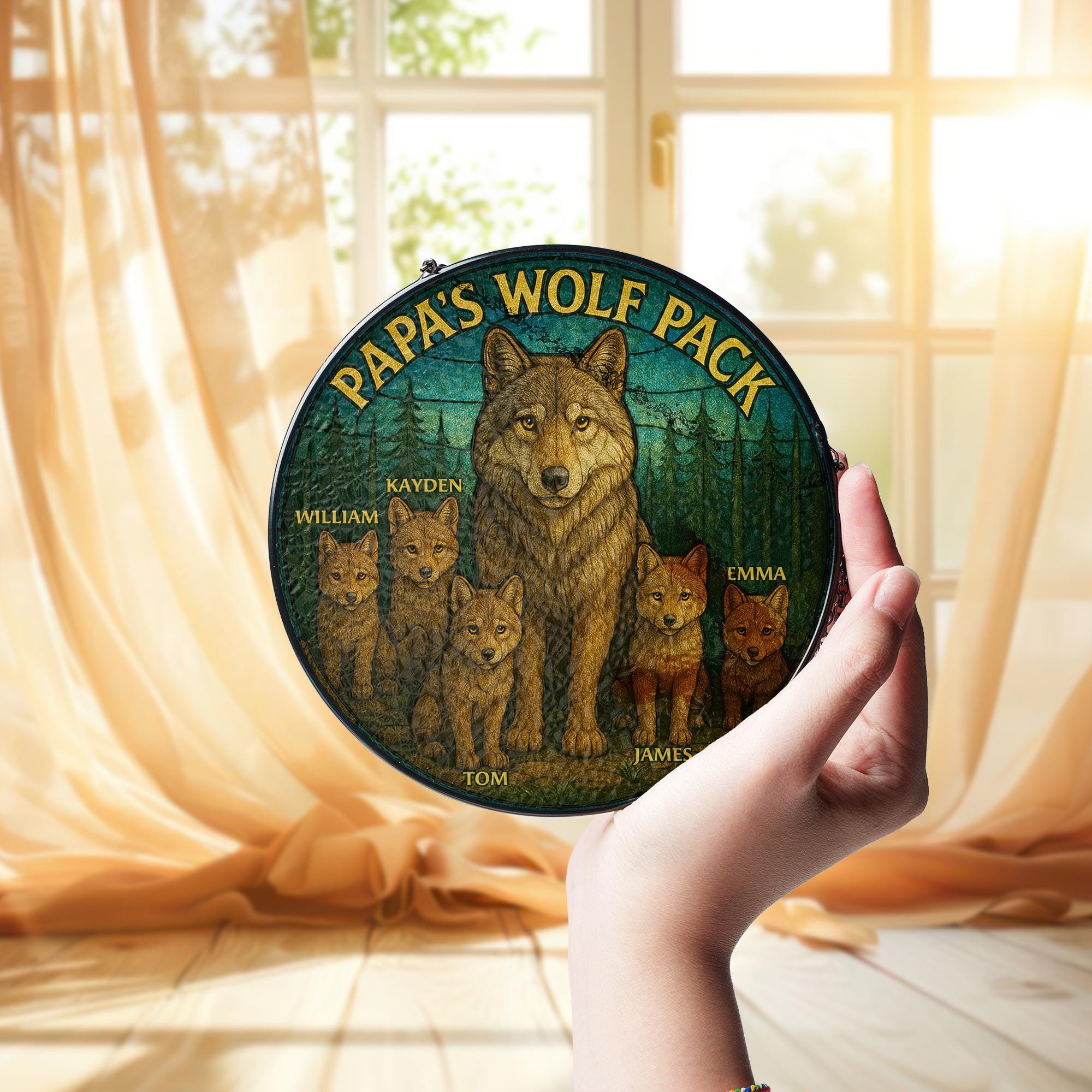 Papa’s Wolf Pack Custom Glass hanging| Personalized Wolf Family Window Hanging | Father’s Day Gift from Kids | Woodland Animal Decor