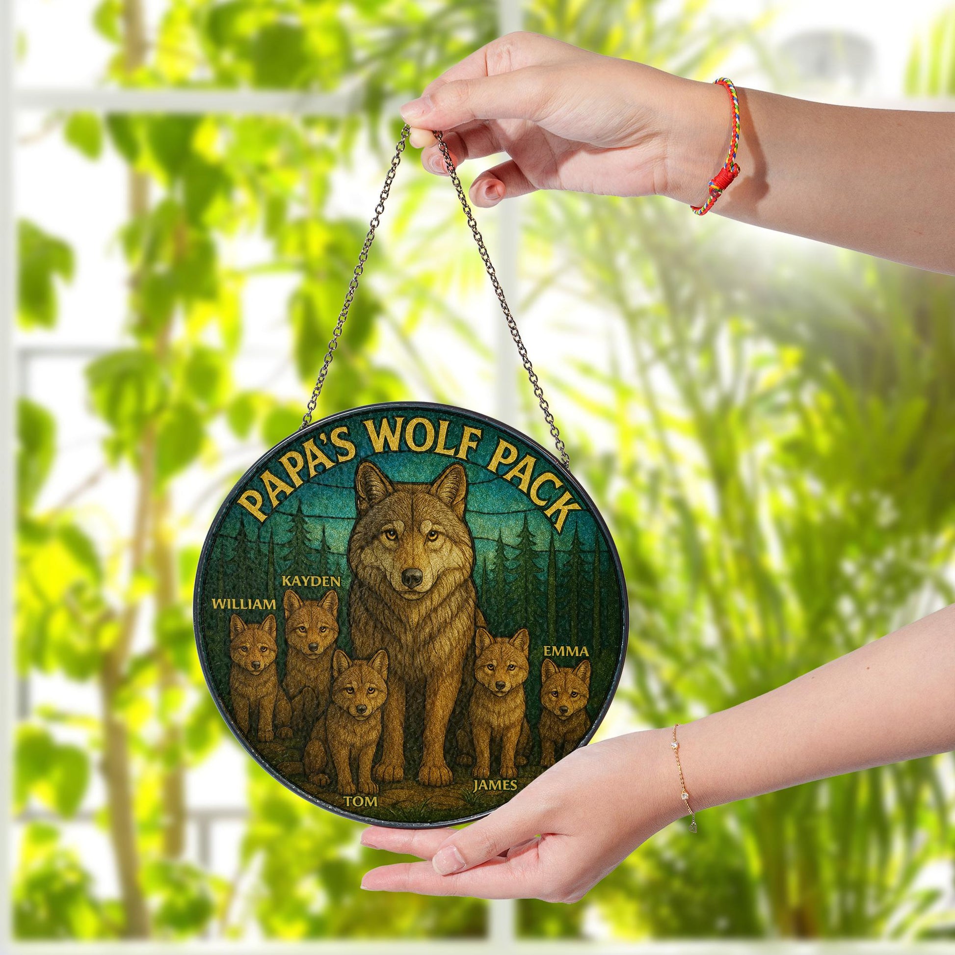 Papa’s Wolf Pack Custom Glass hanging| Personalized Wolf Family Window Hanging | Father’s Day Gift from Kids | Woodland Animal Decor