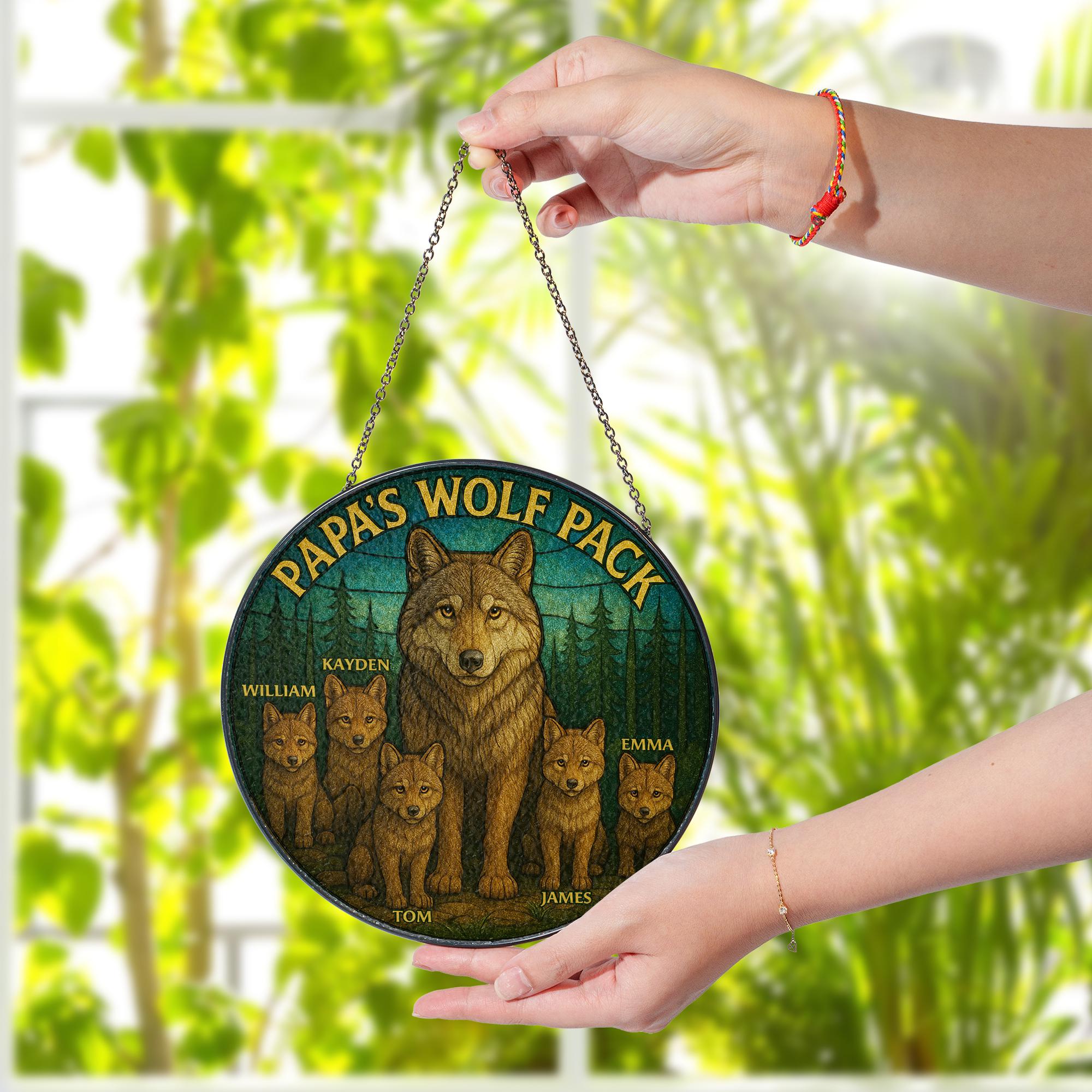 Papa’s Wolf Pack Custom Glass hanging| Personalized Wolf Family Window Hanging | Father’s Day Gift from Kids | Woodland Animal Decor