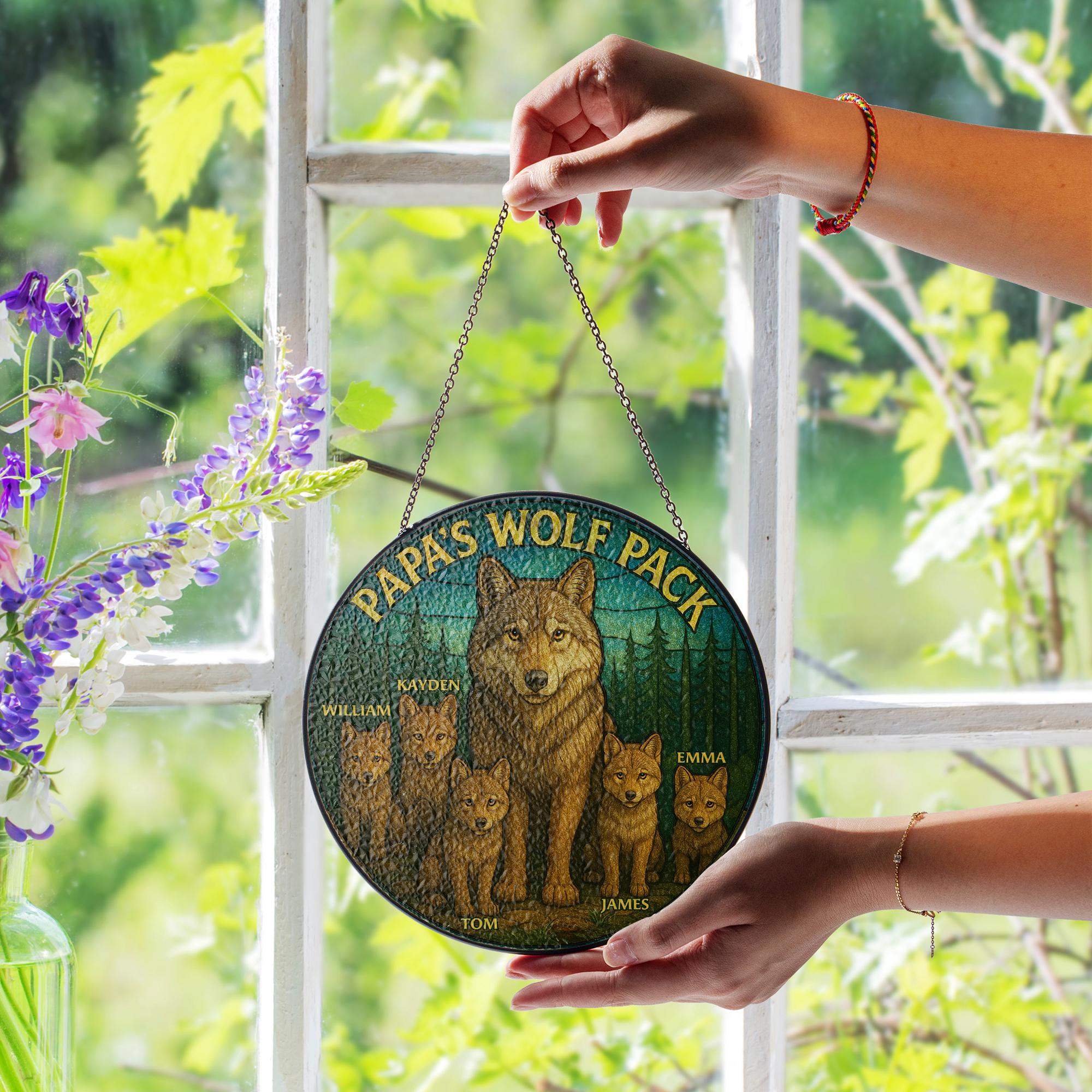 Papa’s Wolf Pack Custom Glass hanging| Personalized Wolf Family Window Hanging | Father’s Day Gift from Kids | Woodland Animal Decor