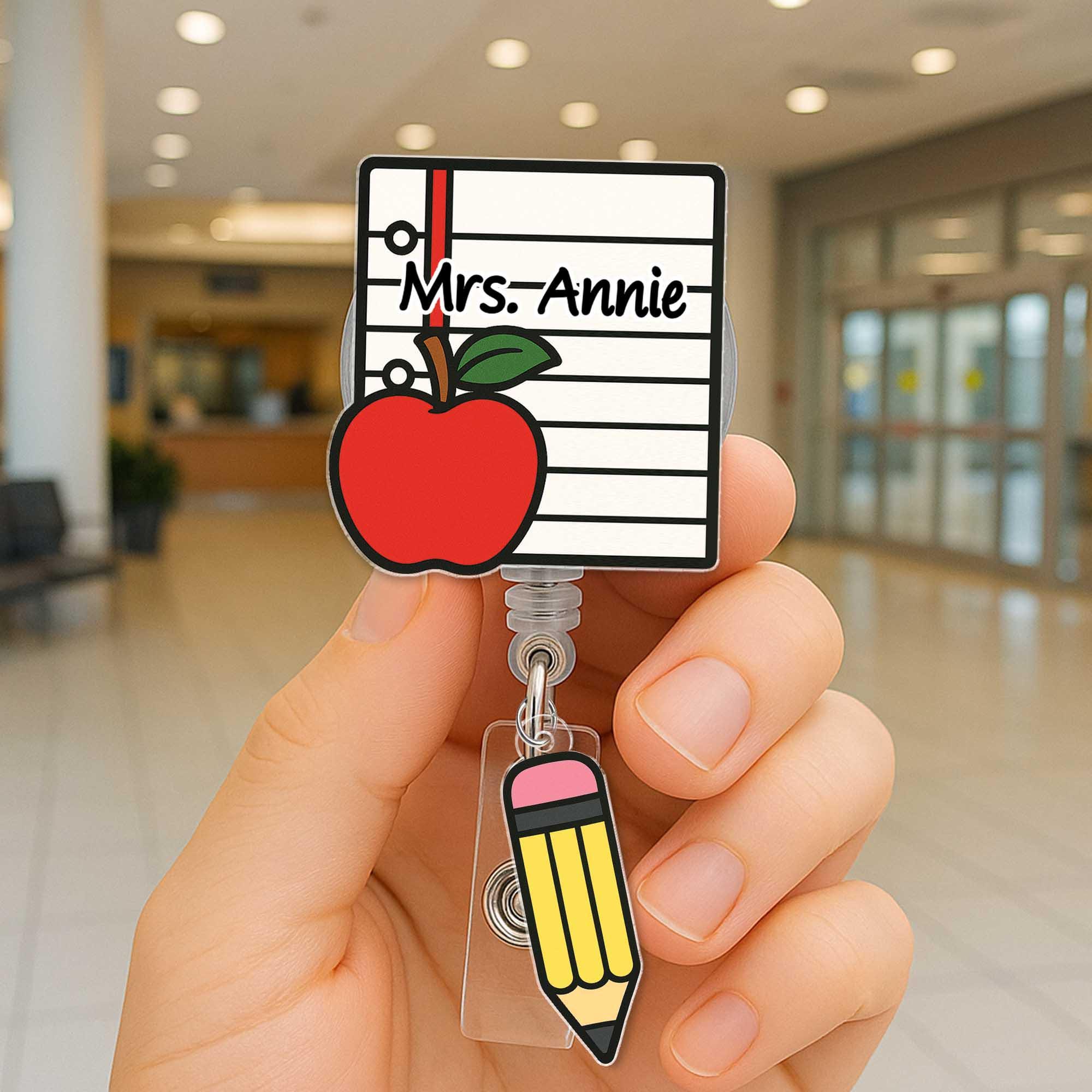 Personalized Teacher Badge Reel | Custom Name ID Holder with Apple & Pencil Charm | Cute Back to School Gift for Teacher, Educator