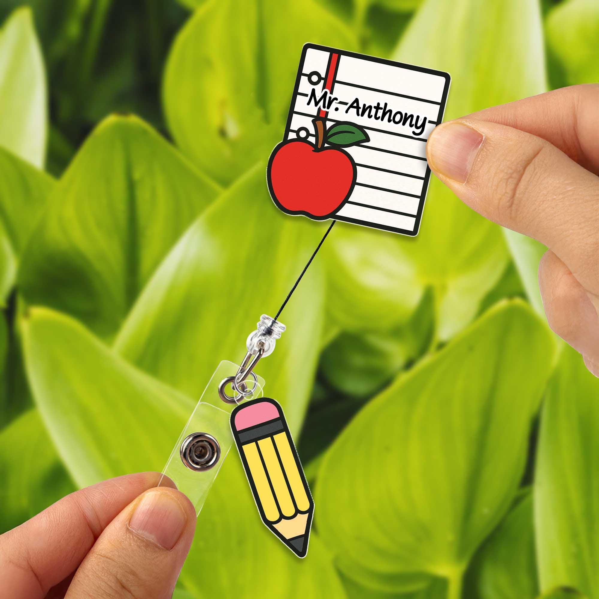 Personalized Teacher Badge Reel | Custom Name ID Holder with Apple & Pencil Charm | Cute Back to School Gift for Teacher, Educator