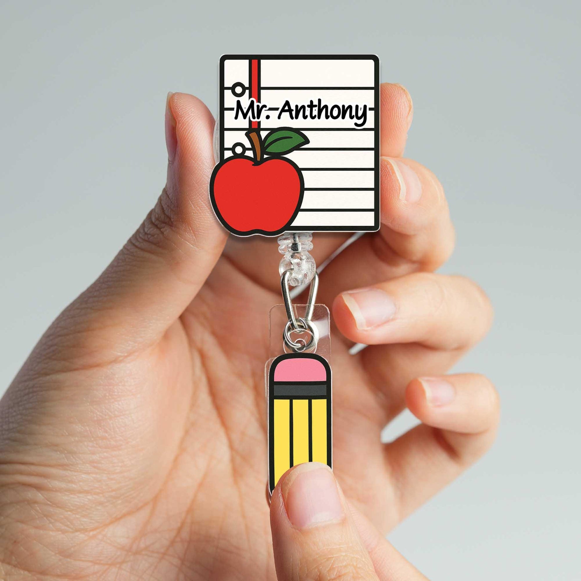 Personalized Teacher Badge Reel | Custom Name ID Holder with Apple & Pencil Charm | Cute Back to School Gift for Teacher, Educator