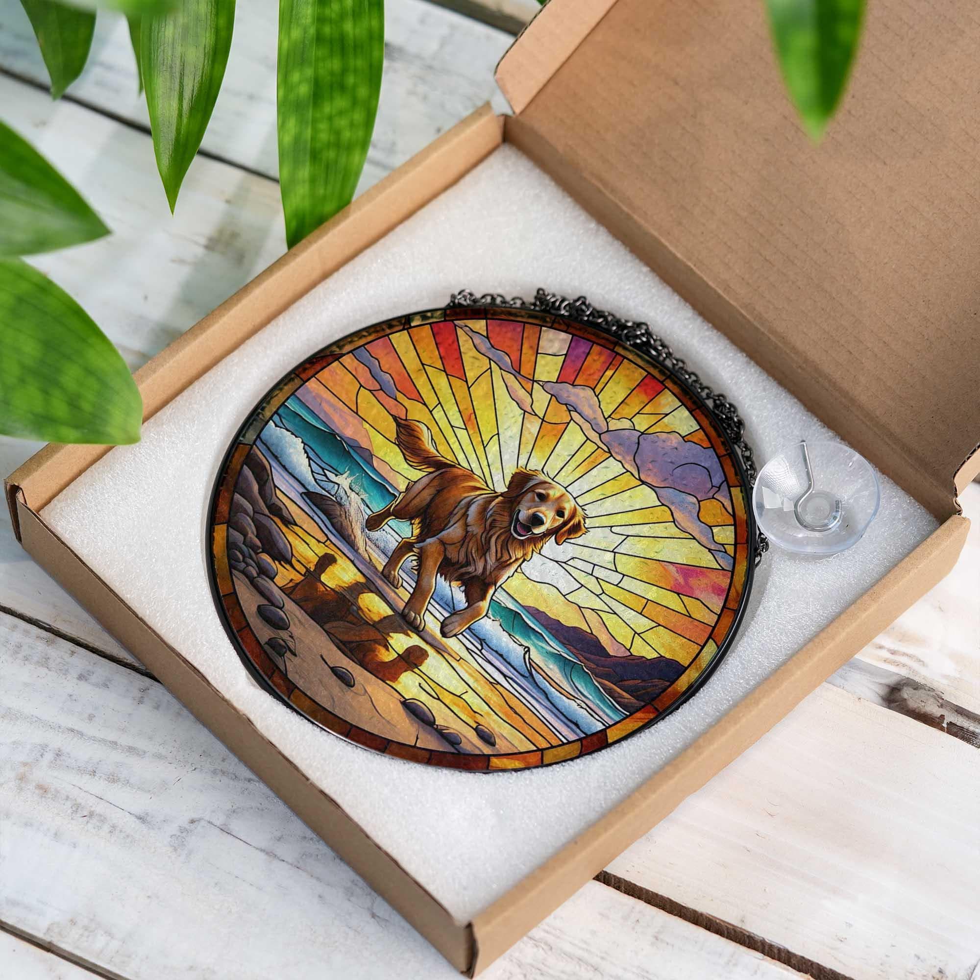 Golden Retriever Glass Suncatcher | Dog Memorial Sun Catcher for Pet Lovers | Rainbow Bridge Decor | Beach Window Hanging Art