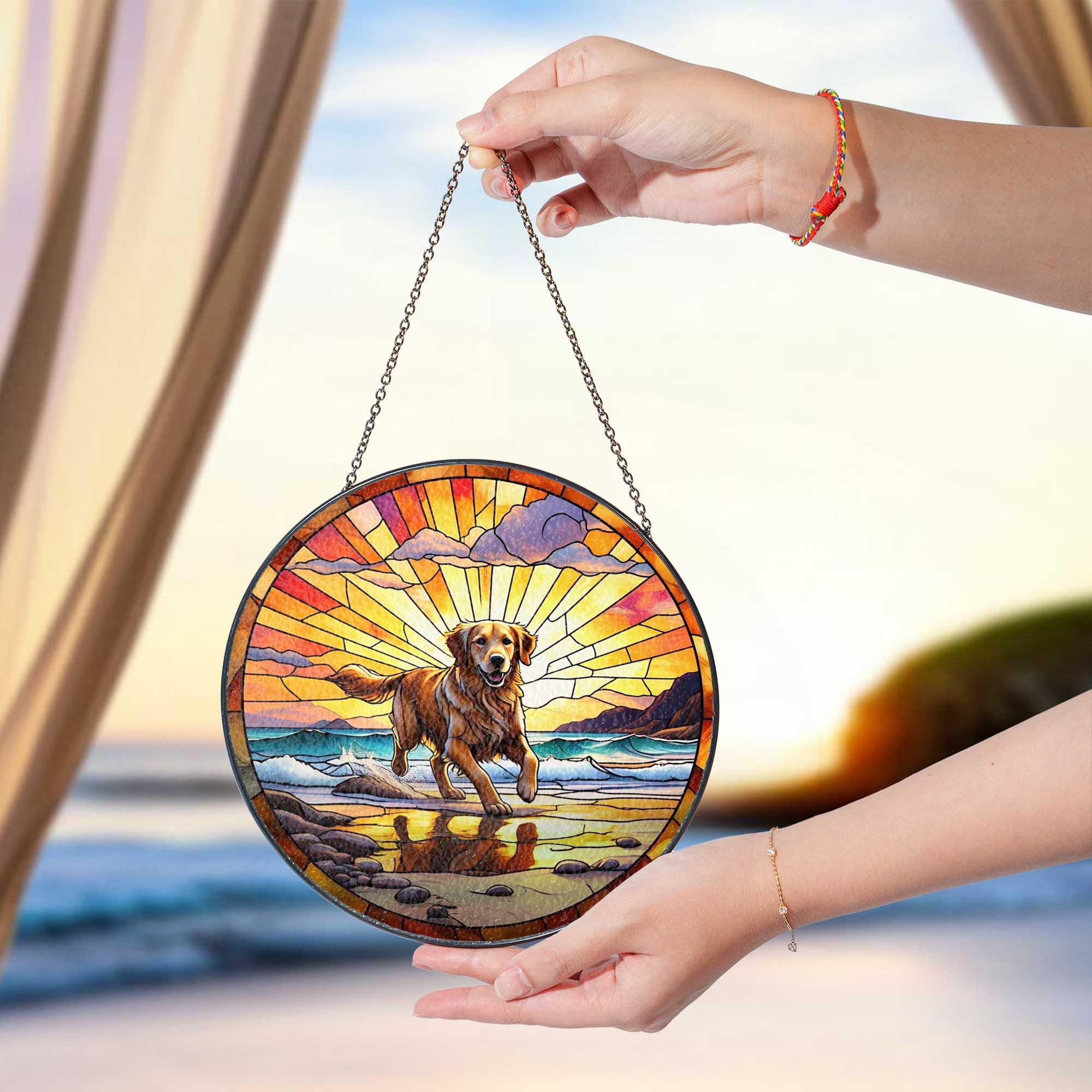 Golden Retriever Glass Suncatcher | Dog Memorial Sun Catcher for Pet Lovers | Rainbow Bridge Decor | Beach Window Hanging Art