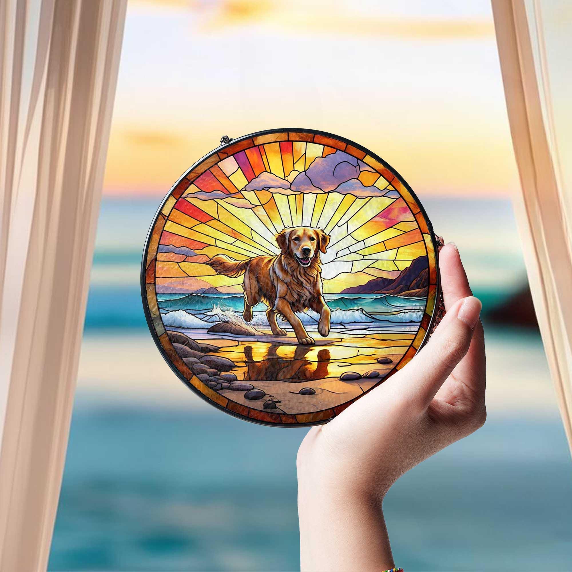 Golden Retriever Glass Suncatcher | Dog Memorial Sun Catcher for Pet Lovers | Rainbow Bridge Decor | Beach Window Hanging Art