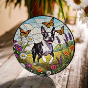 Boston Terrier Glass Suncatcher | Dog Memorial Window Hanging with Flowers & Butterflies | Pet Lover Gift | Spring Sun Catcher Art