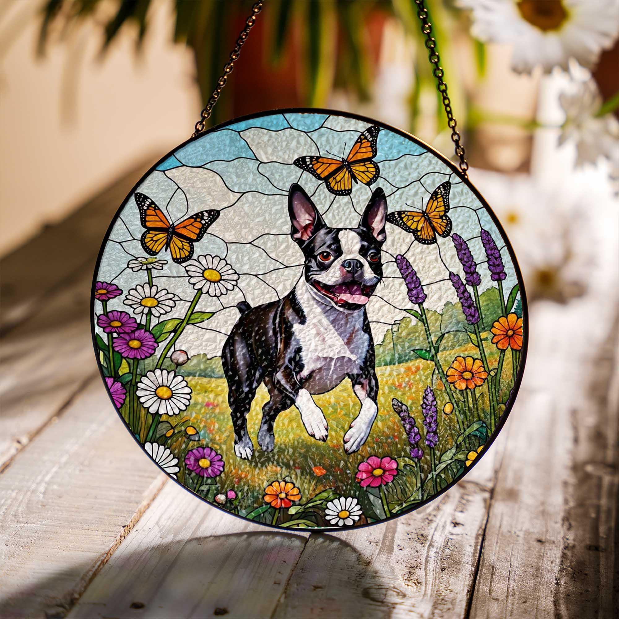 Boston Terrier Glass Suncatcher | Dog Memorial Window Hanging with Flowers & Butterflies | Pet Lover Gift | Spring Sun Catcher Art