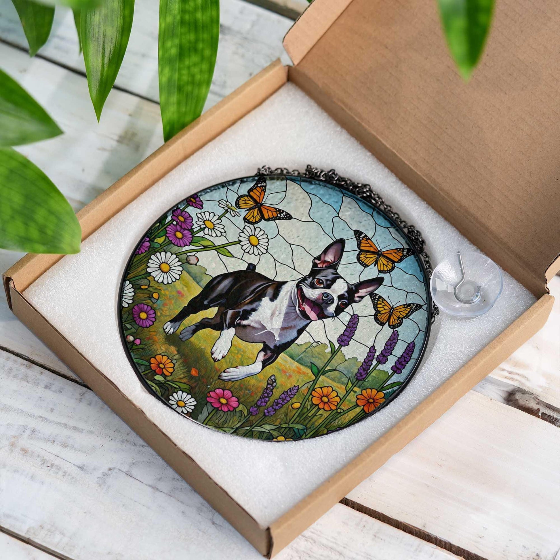 Boston Terrier Glass Suncatcher | Dog Memorial Window Hanging with Flowers & Butterflies | Pet Lover Gift | Spring Sun Catcher Art