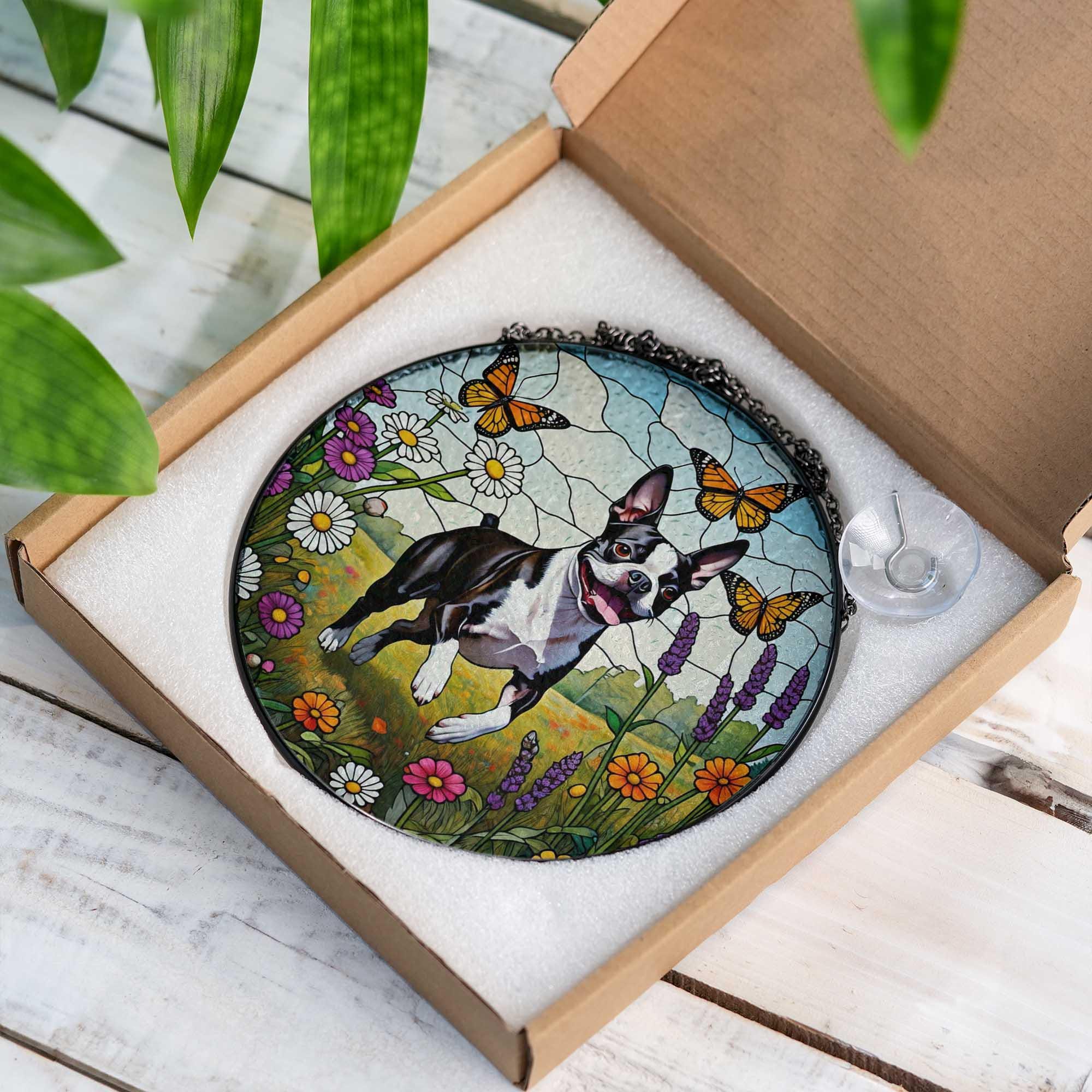 Boston Terrier Glass Suncatcher | Dog Memorial Window Hanging with Flowers & Butterflies | Pet Lover Gift | Spring Sun Catcher Art