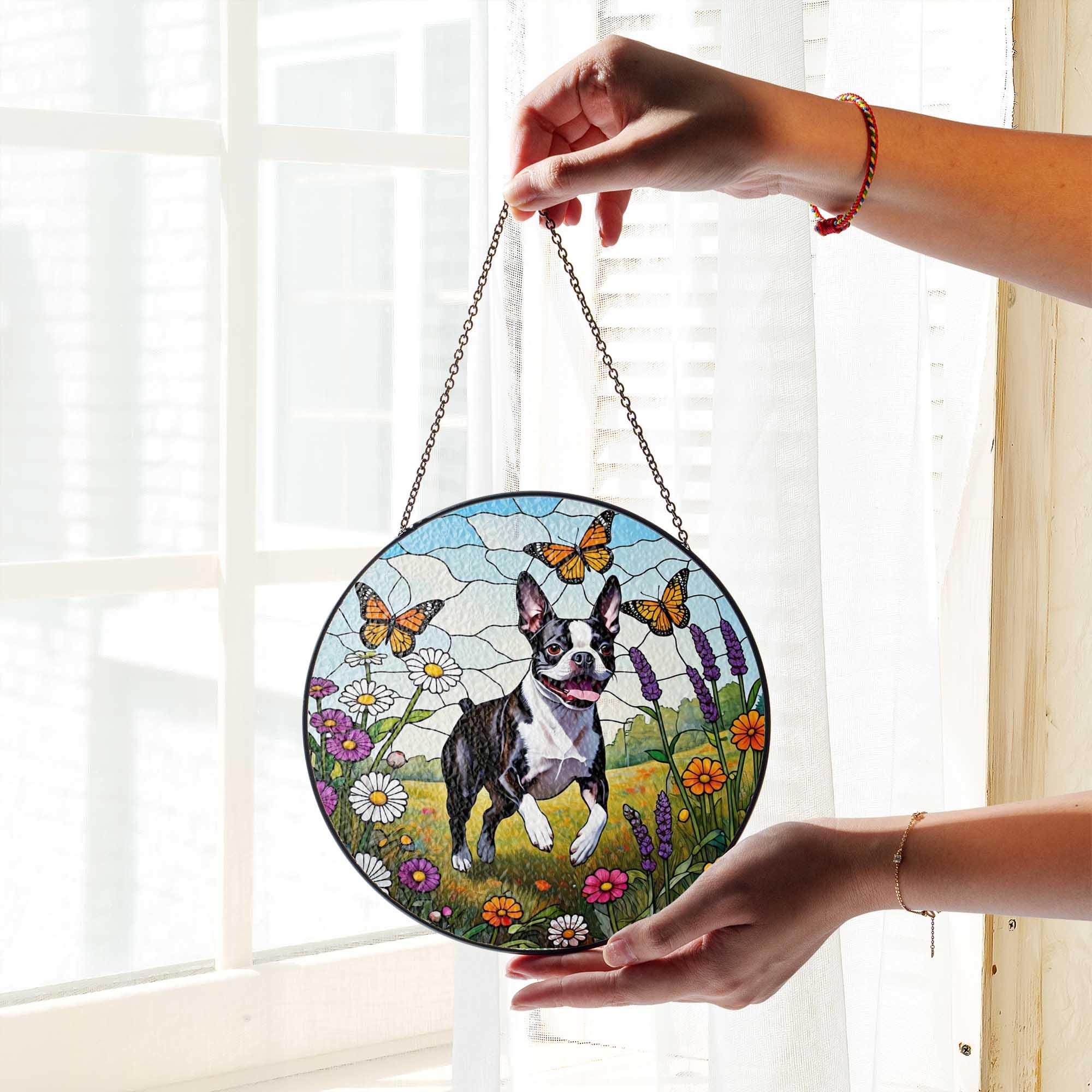 Boston Terrier Glass Suncatcher | Dog Memorial Window Hanging with Flowers & Butterflies | Pet Lover Gift | Spring Sun Catcher Art