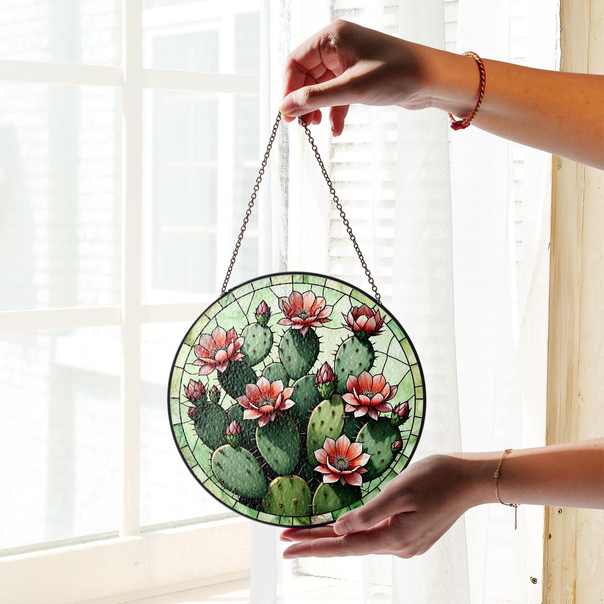 Cactus Glass Suncatcher | Desert Flower Stained Glass Style Window Hanging | Succulent Sun Catcher | Southwestern Plant Lover Gift