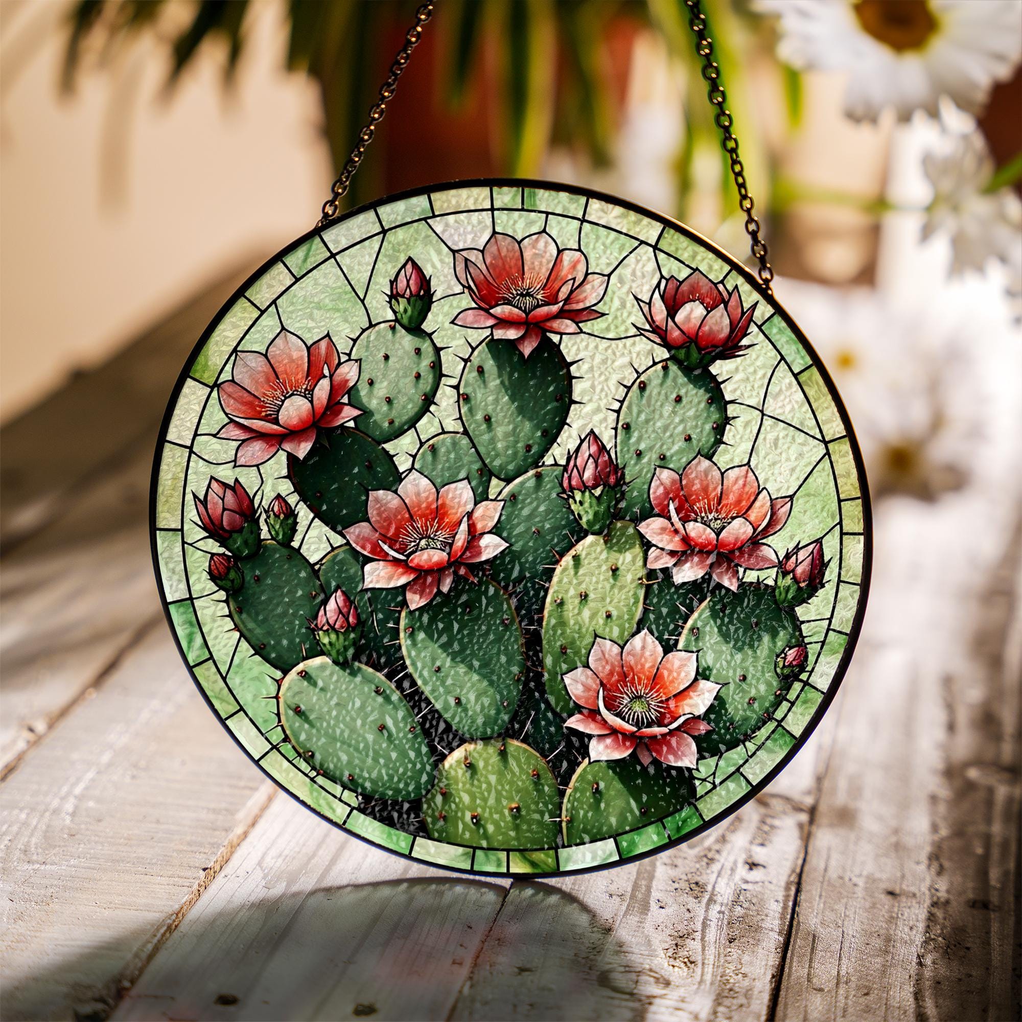 Cactus Glass Suncatcher | Desert Flower Stained Glass Style Window Hanging | Succulent Sun Catcher | Southwestern Plant Lover Gift