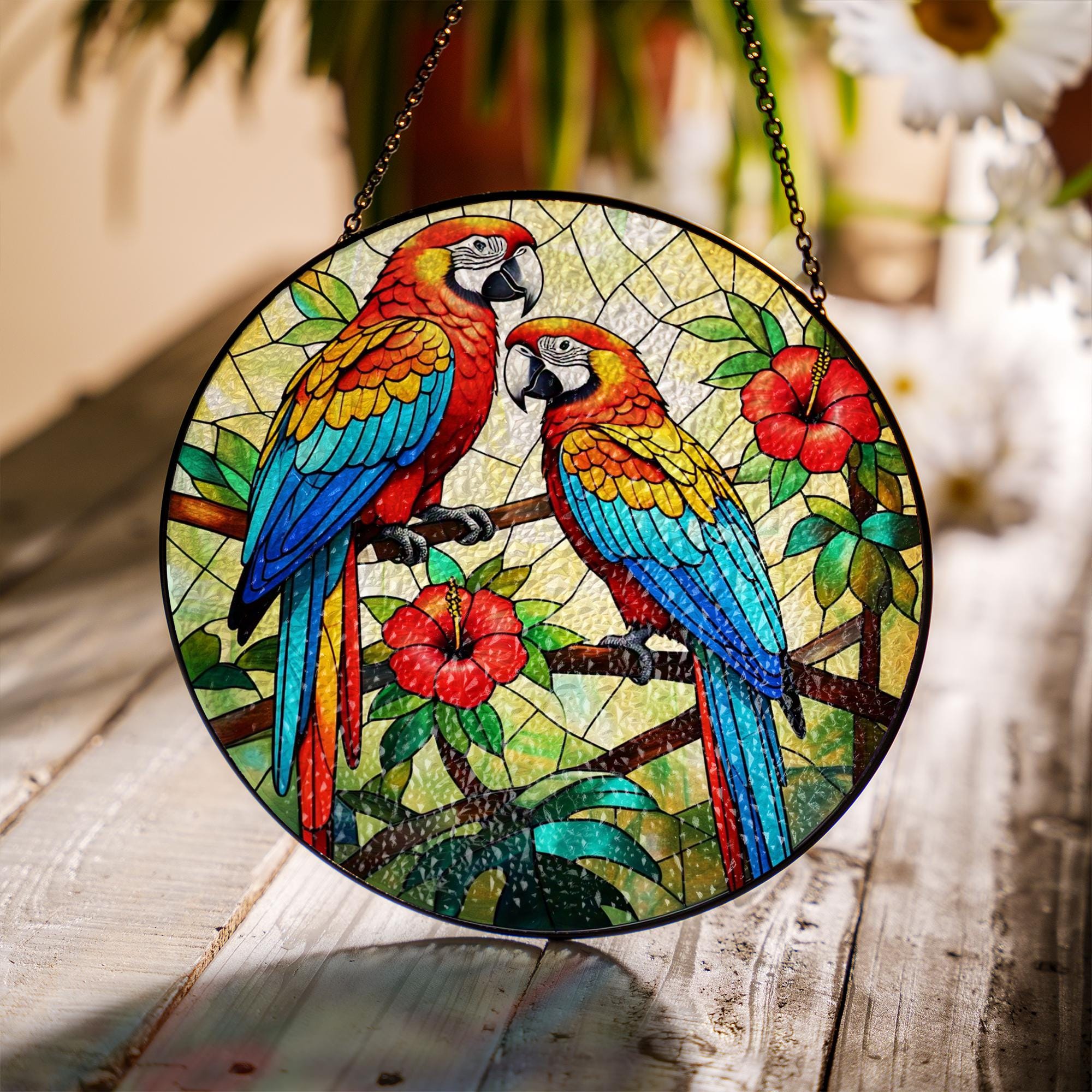 Parrot Glass Suncatcher | Tropical Bird Window Hanging with Hibiscus Flowers | Macaw Stained Glass Style Sun Catcher Jungle Decor