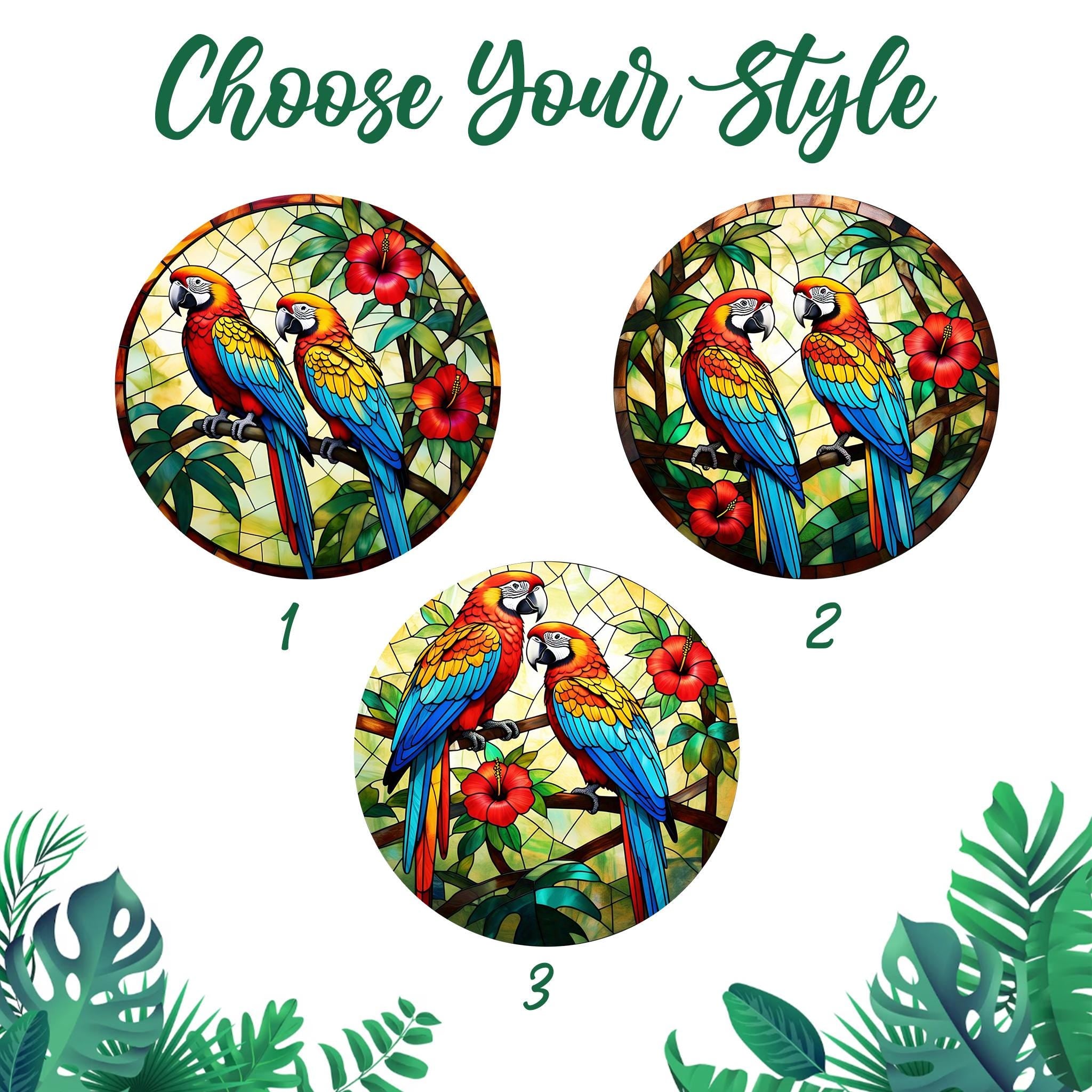 Parrot Glass Suncatcher | Tropical Bird Window Hanging with Hibiscus Flowers | Macaw Stained Glass Style Sun Catcher Jungle Decor